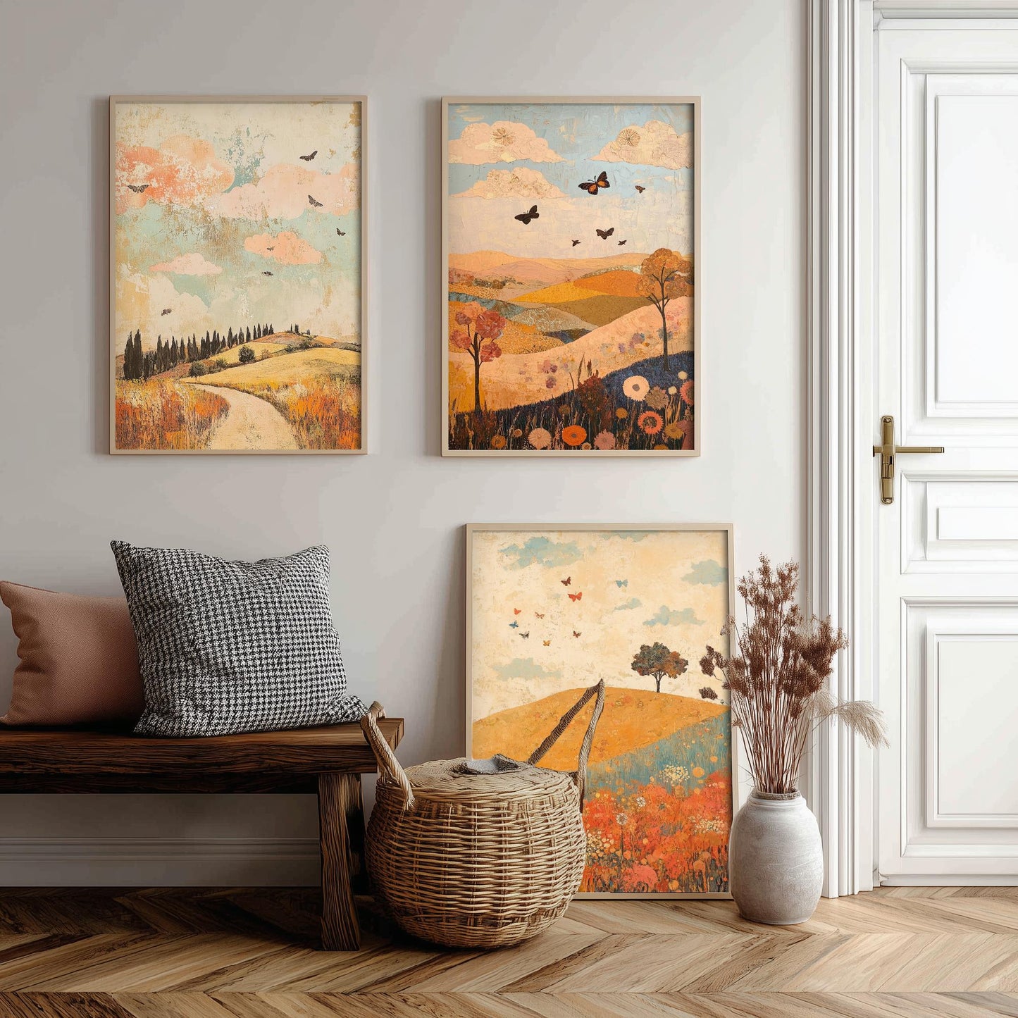 Rolling Hills Butterfly Set of Three Art Prints - Sorbet Sepia and Quartz - Folk Meadow Poster Illustration Gift