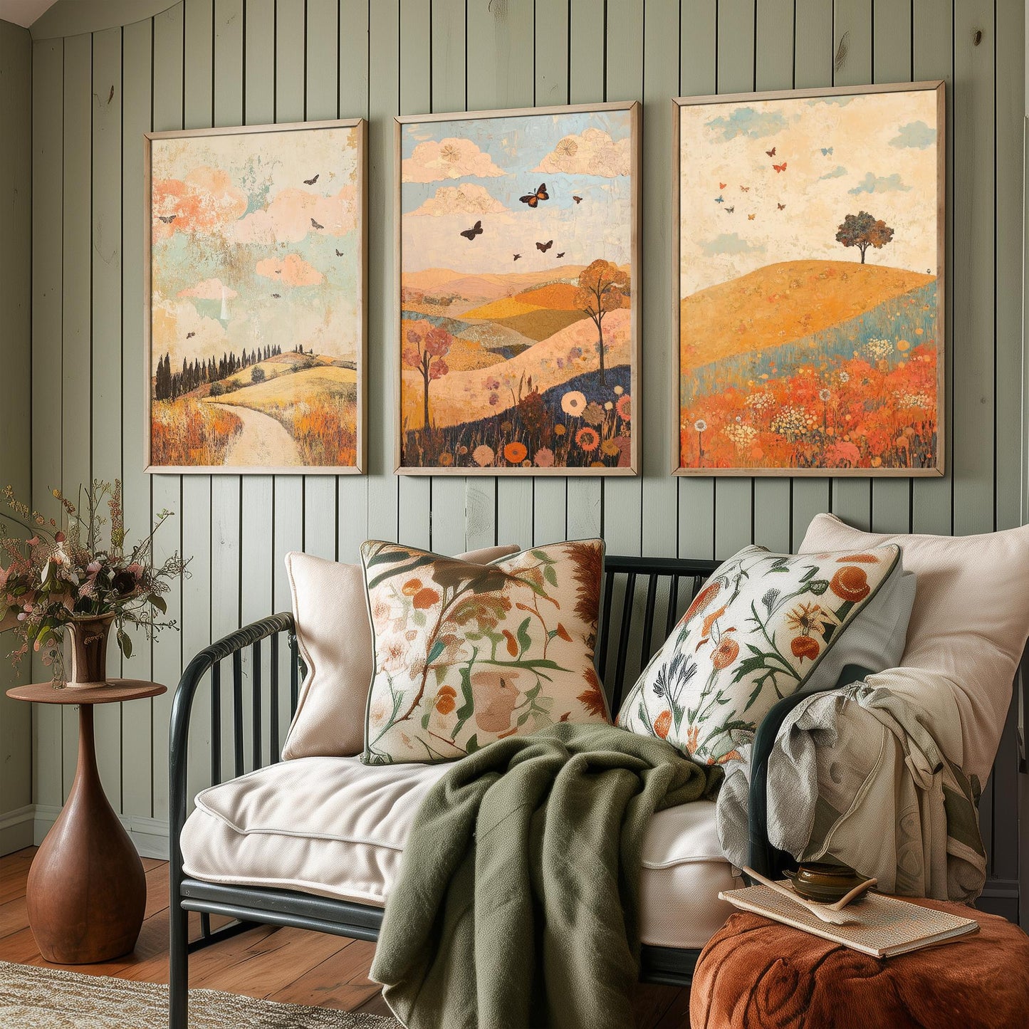 Rolling Hills Butterfly Set of Three Art Prints - Sorbet Sepia and Quartz - Folk Meadow Poster Illustration Gift