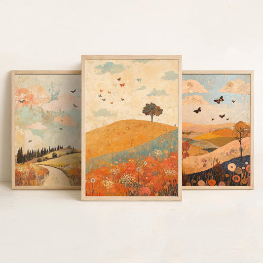 Rolling Hills Butterfly Set of Three Art Prints - Sorbet Sepia and Quartz - Folk Meadow Poster Illustration Gift