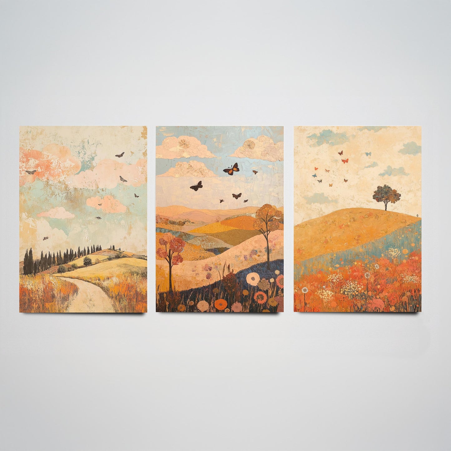 Rolling Hills Butterfly Set of Three Art Prints - Sorbet Sepia and Quartz - Folk Meadow Poster Illustration Gift