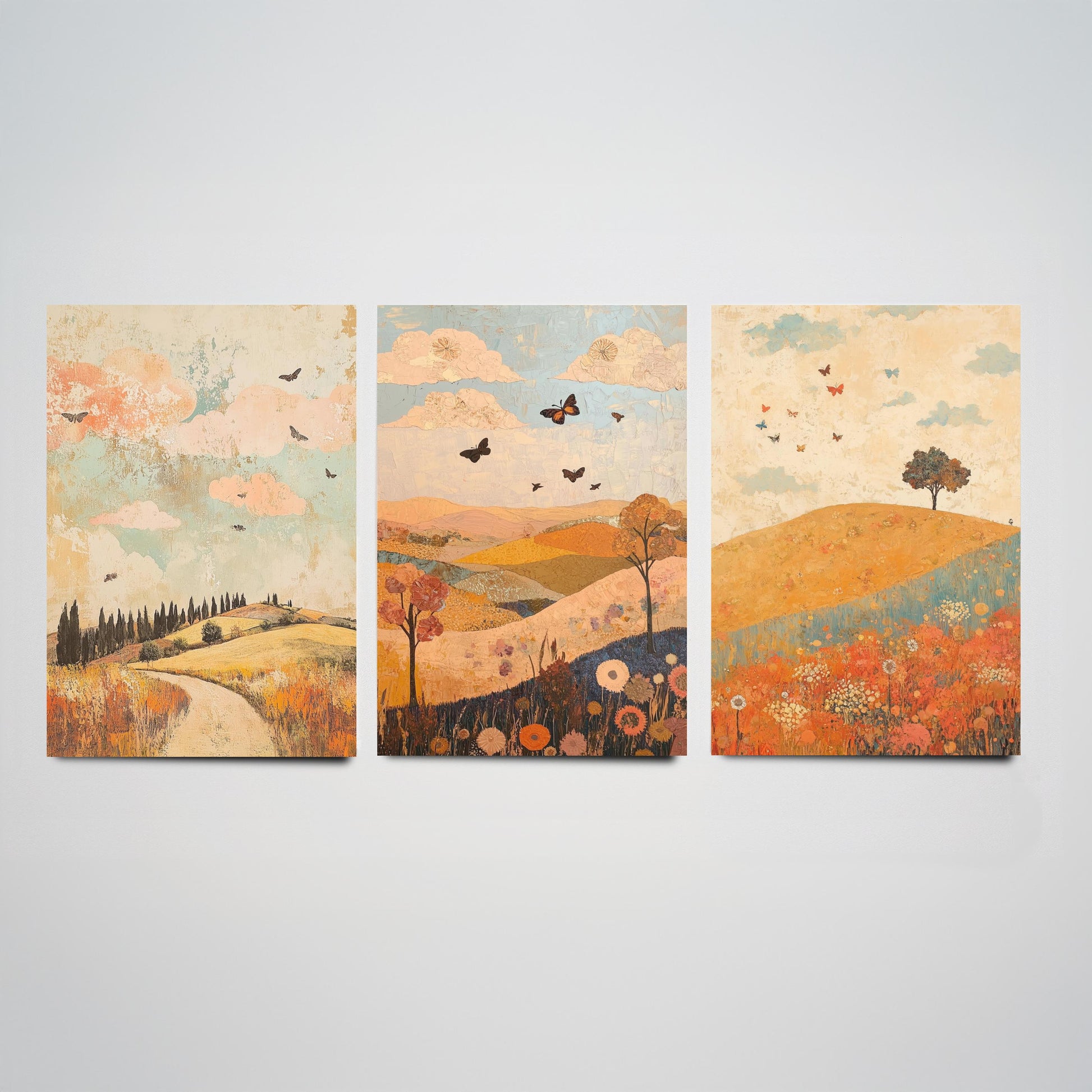 Rolling Hills Butterfly Set of Three Art Prints - Sorbet Sepia and Quartz - Folk Meadow Poster Illustration Gift
