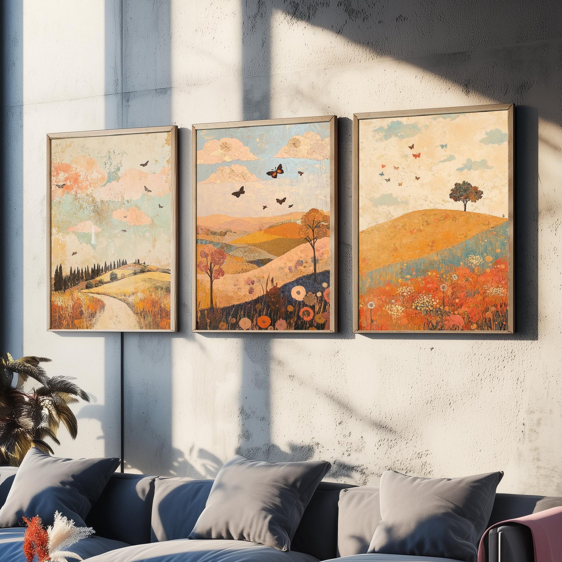 Rolling Hills Butterfly Set of Three Art Prints - Sorbet Sepia and Quartz - Folk Meadow Poster Illustration Gift