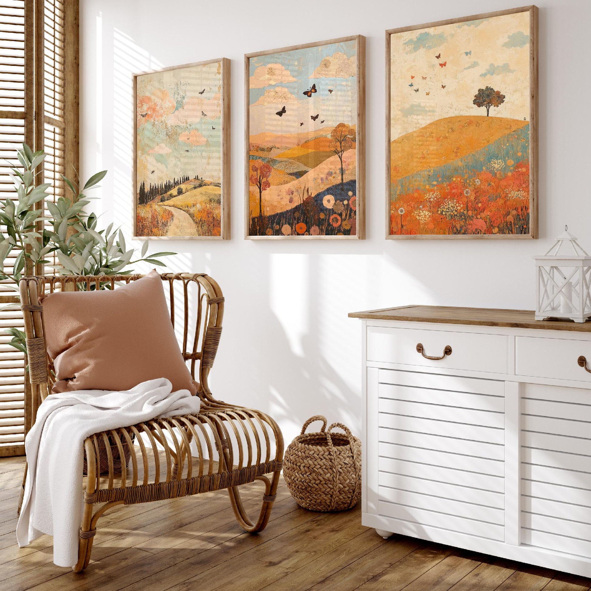 Rolling Hills Butterfly Set of Three Art Prints - Sorbet Sepia and Quartz - Folk Meadow Poster Illustration Gift