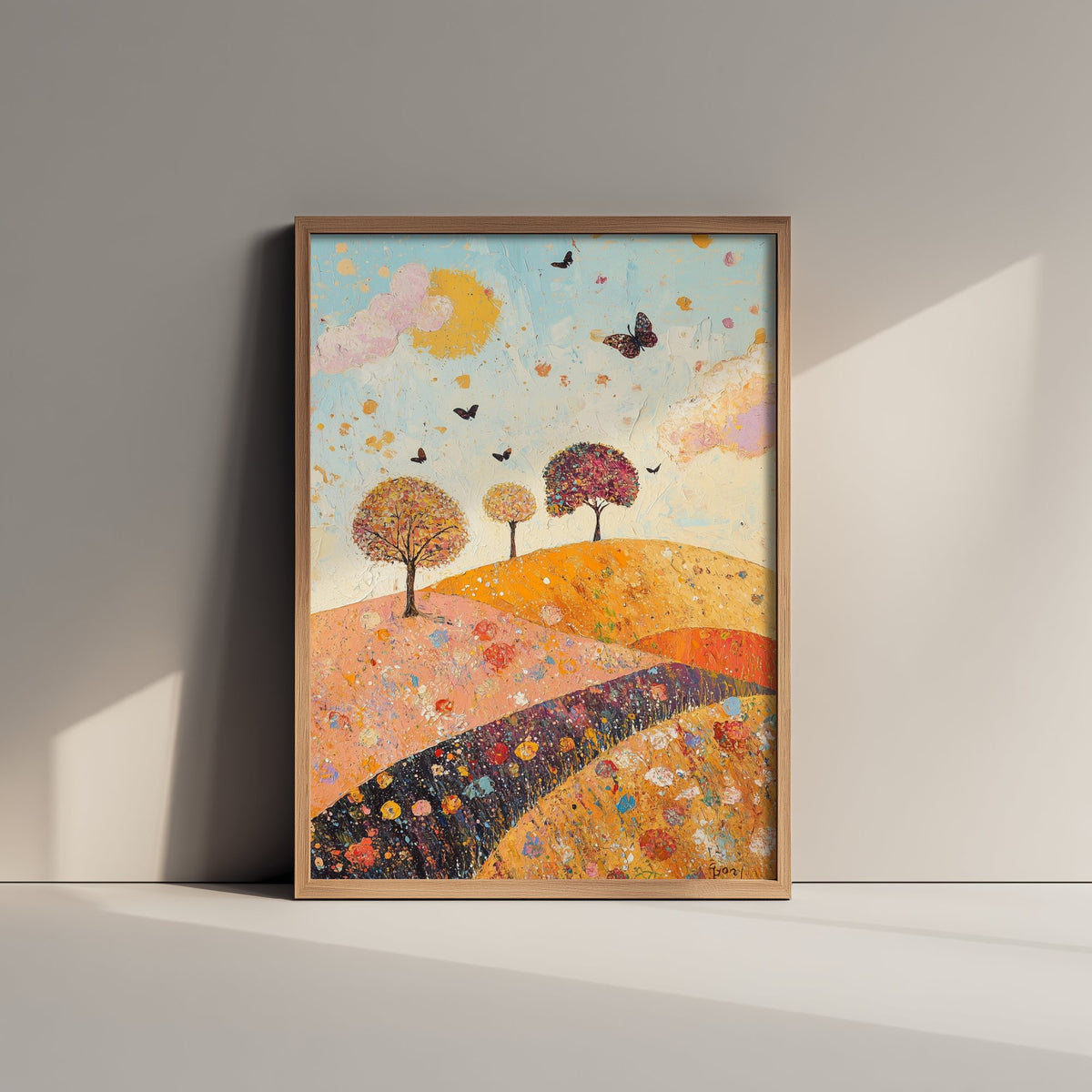 Rolling Hills Landscape Art Print - Butterfly Meadow Poster - Folk Art Painting - Sorrel Orchid and Linen 1/3