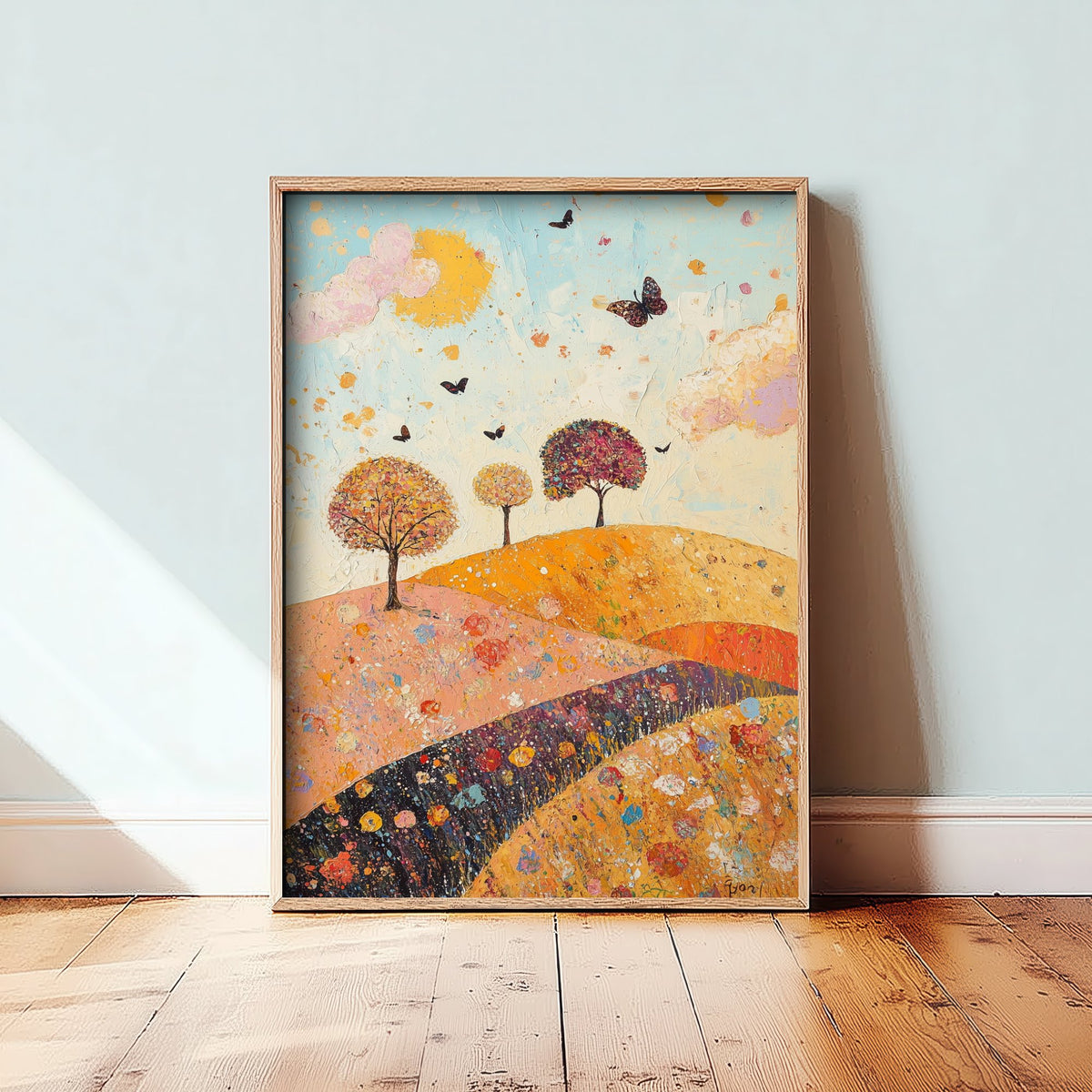Rolling Hills Landscape Art Print - Butterfly Meadow Poster - Folk Art Painting - Sorrel Orchid and Linen 1/3