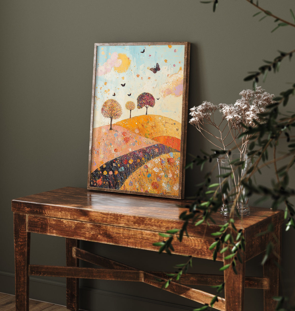 Rolling Hills Landscape Art Print - Butterfly Meadow Poster - Folk Art Painting - Sorrel Orchid and Linen 1/3