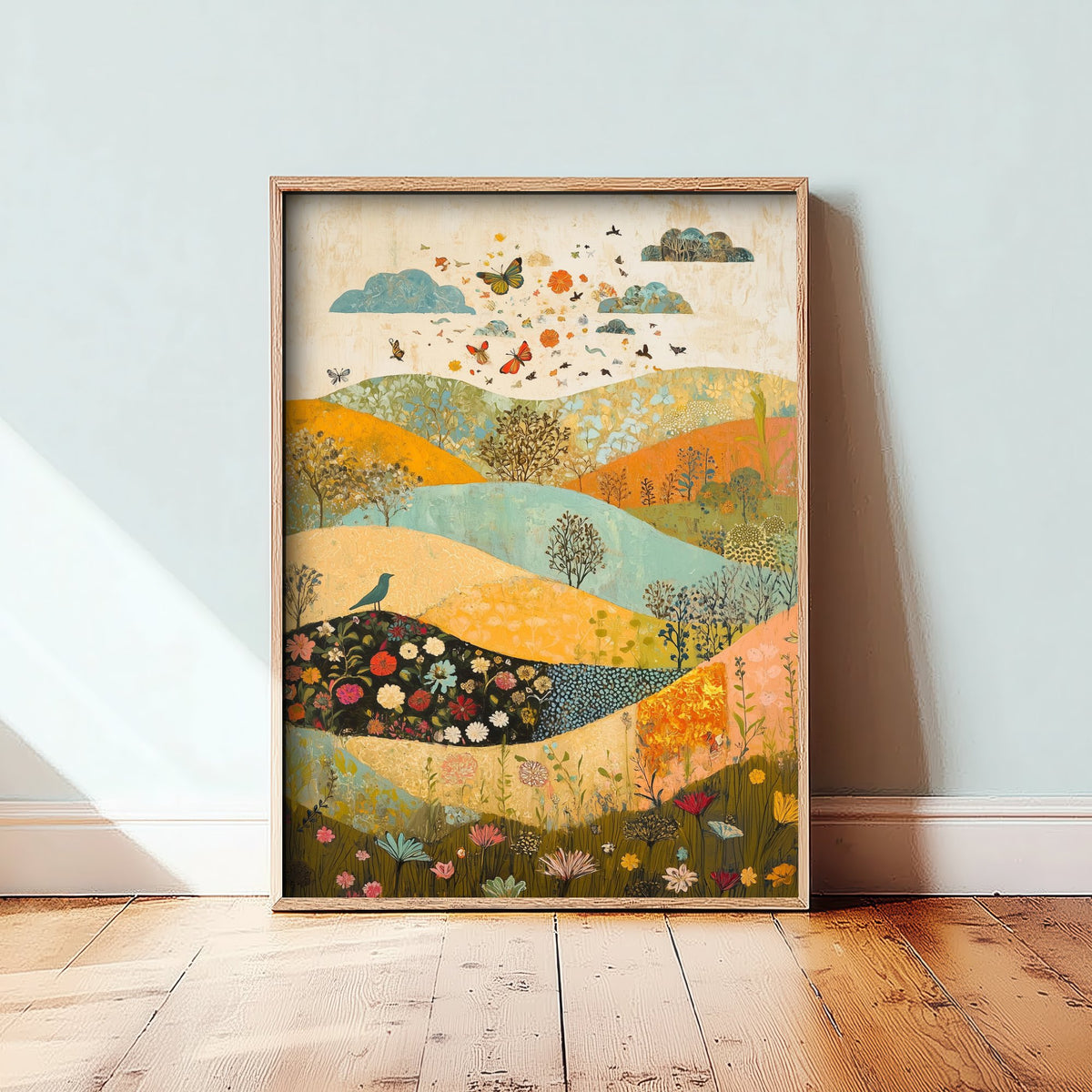 Rolling Hills Landscape Art Print - Butterfly Meadow Poster - Folk Art Painting - Sorrel Orchid and Linen 2/3