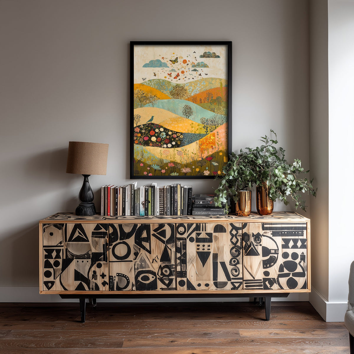 Rolling Hills Landscape Art Print - Butterfly Meadow Poster - Folk Art Painting - Sorrel Orchid and Linen 2/3