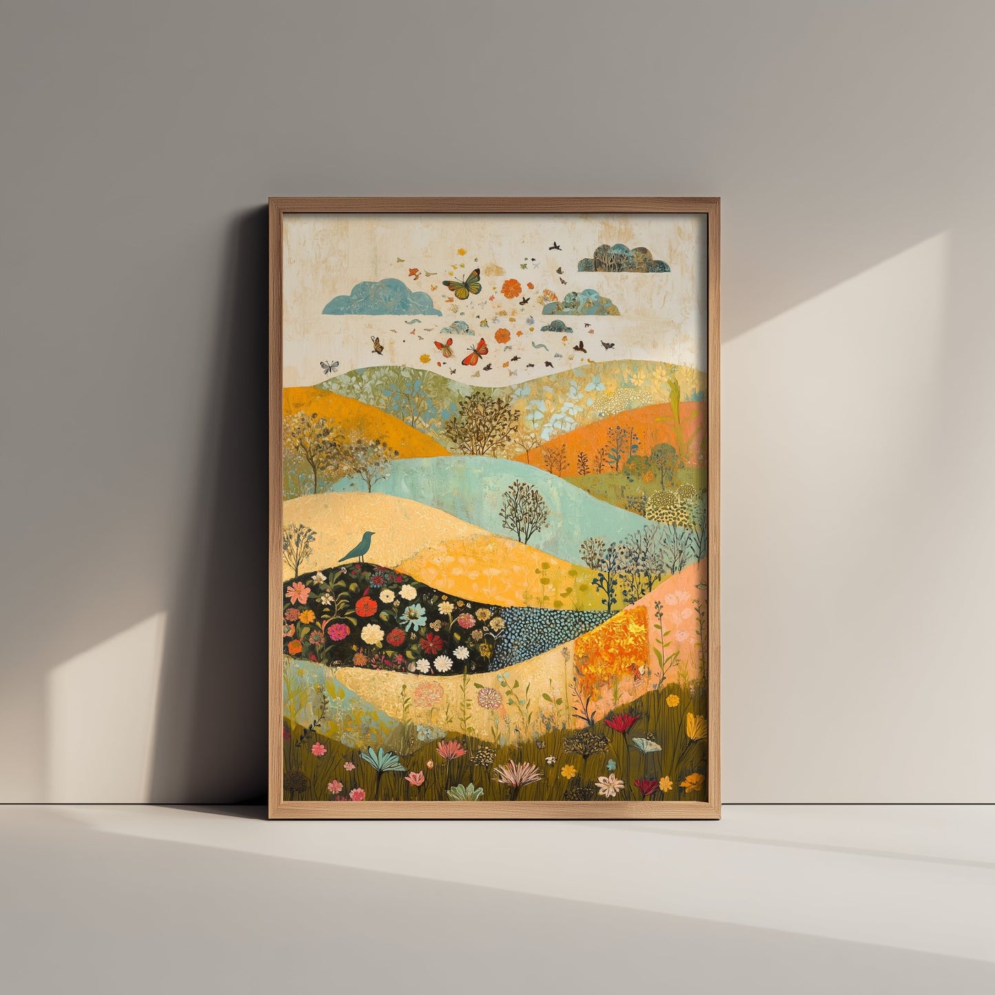 Rolling Hills Landscape Art Print - Butterfly Meadow Poster - Folk Art Painting - Sorrel Orchid and Linen 2/3