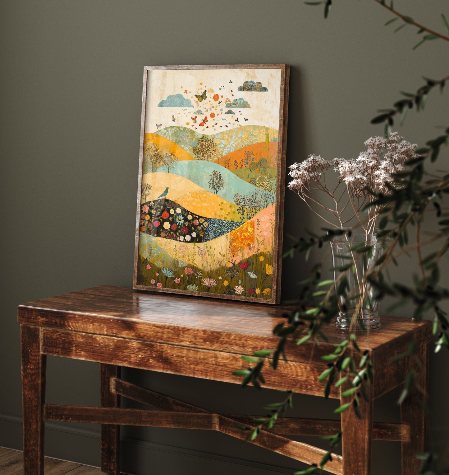 Rolling Hills Landscape Art Print - Butterfly Meadow Poster - Folk Art Painting - Sorrel Orchid and Linen 2/3