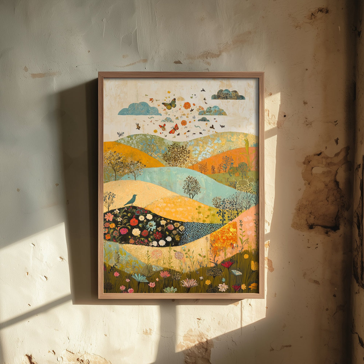 Rolling Hills Landscape Art Print - Butterfly Meadow Poster - Folk Art Painting - Sorrel Orchid and Linen 2/3