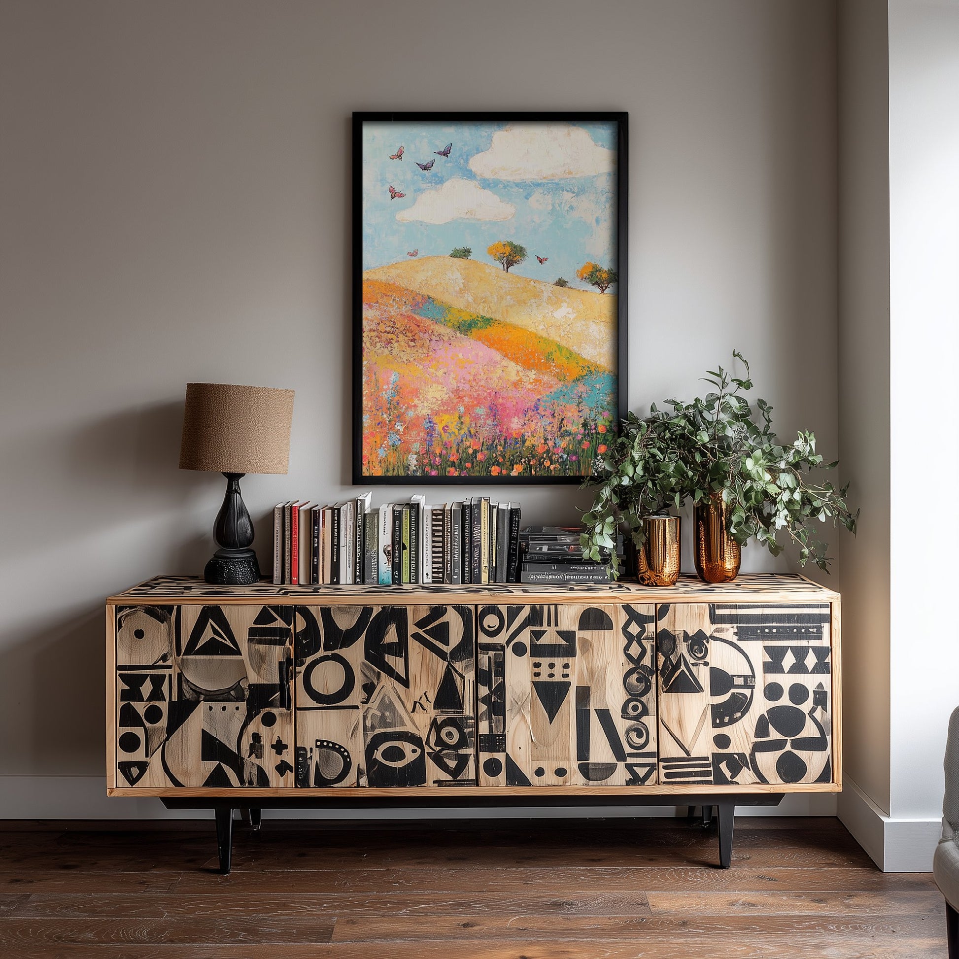 Rolling Hills Landscape Art Print - Butterfly Meadow Poster - Folk Art Painting - Sorrel Orchid and Linen 3/3
