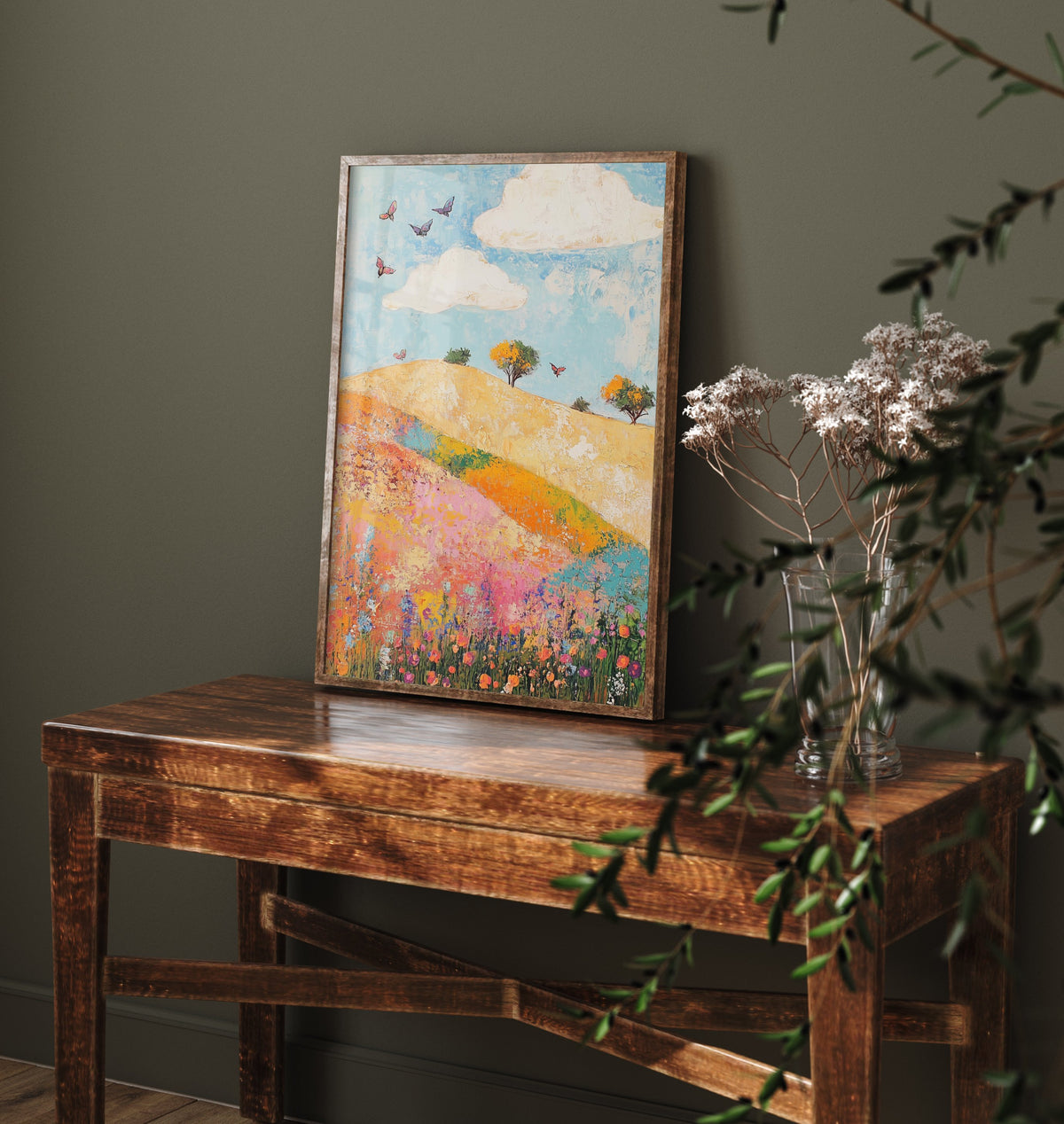 Rolling Hills Landscape Art Print - Butterfly Meadow Poster - Folk Art Painting - Sorrel Orchid and Linen 3/3