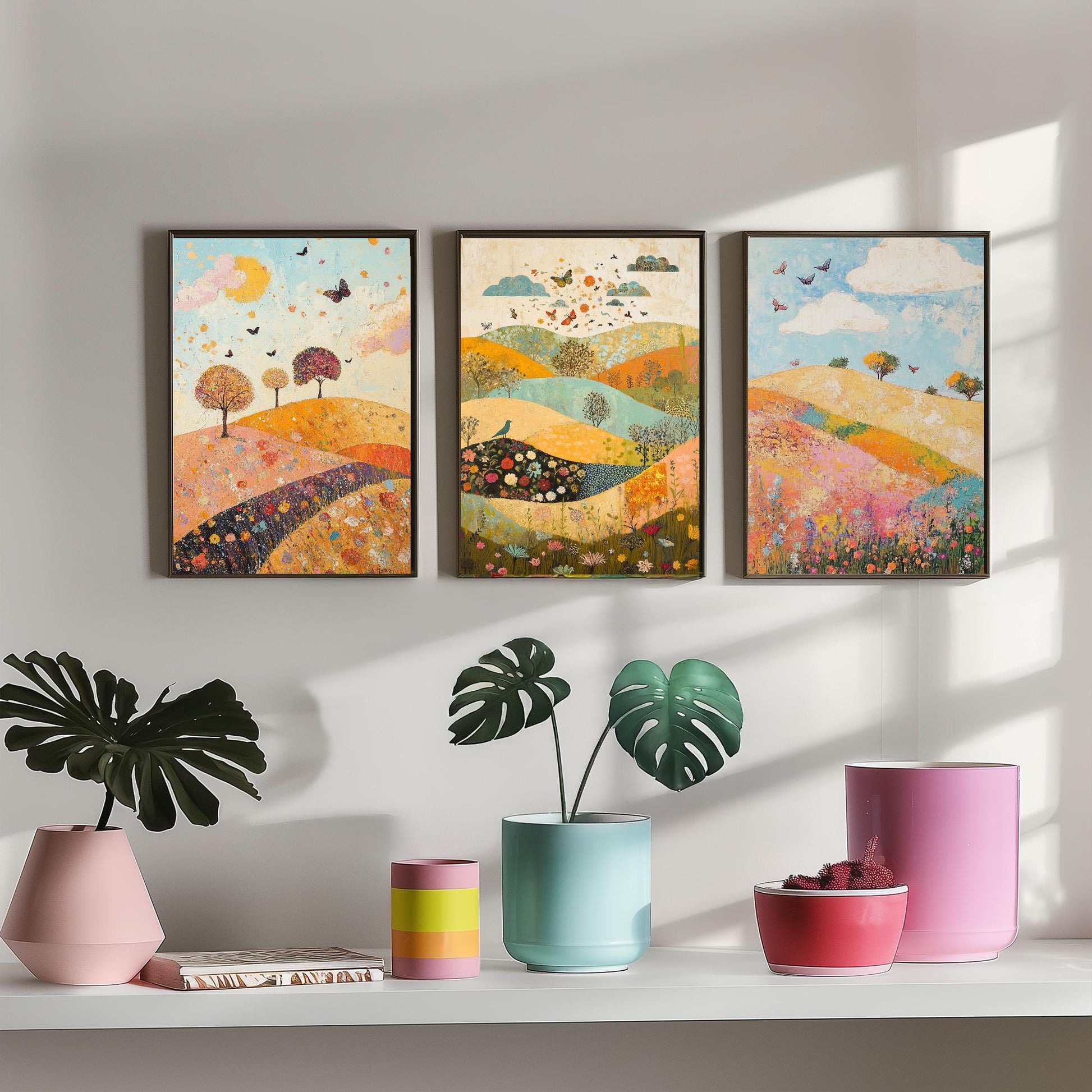 Rolling Hills Butterfly Set of Three Art Prints - Sorrel Orchid and Linen - Folk Meadow Poster Illustration Gift