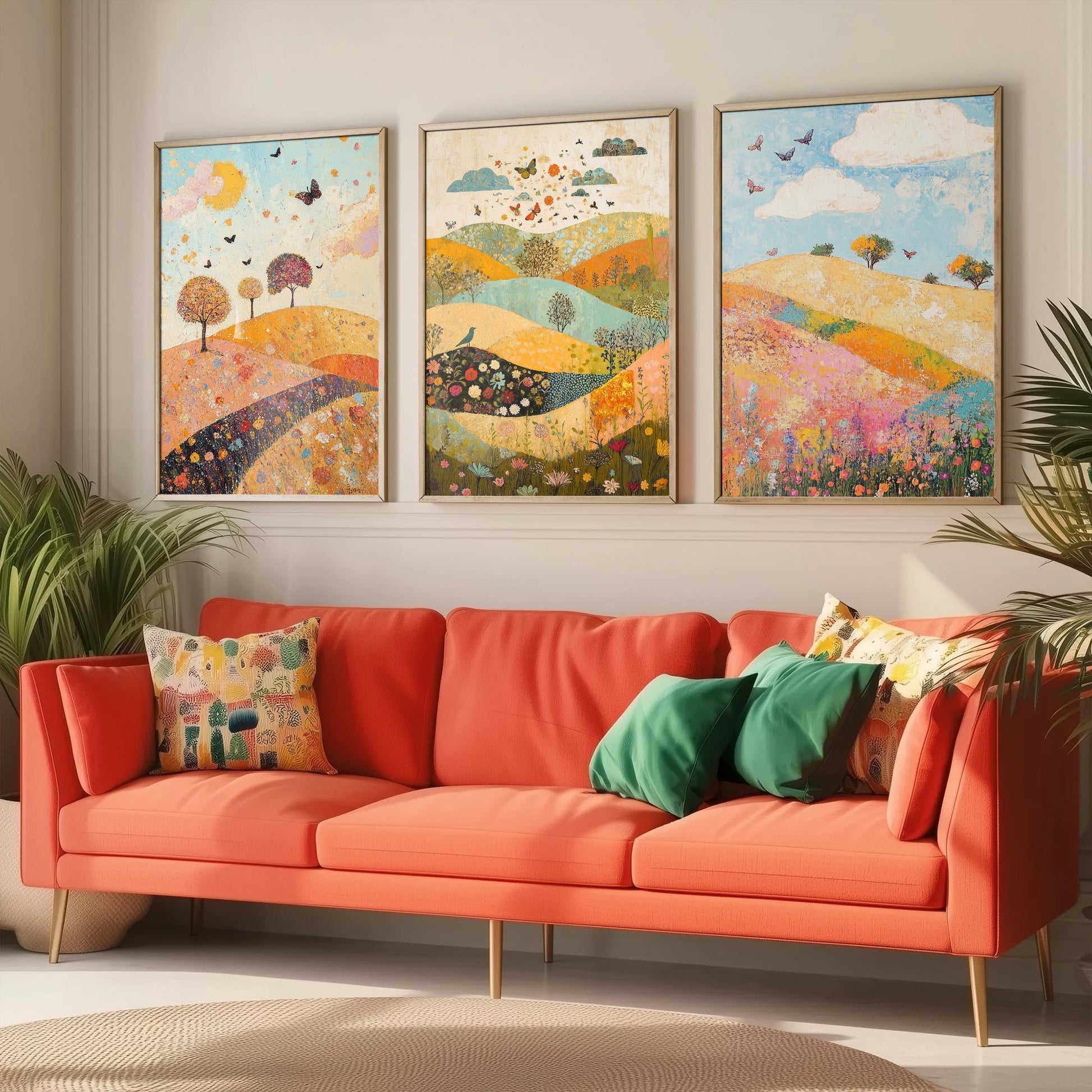 Rolling Hills Butterfly Set of Three Art Prints - Sorrel Orchid and Linen - Folk Meadow Poster Illustration Gift