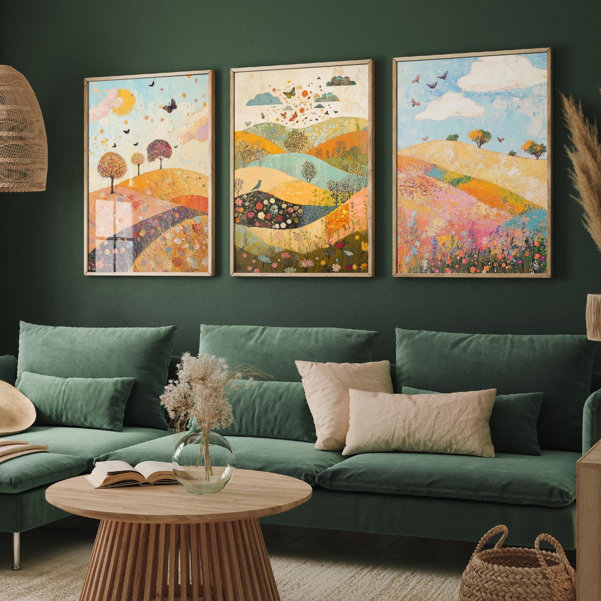 Rolling Hills Butterfly Set of Three Art Prints - Sorrel Orchid and Linen - Folk Meadow Poster Illustration Gift