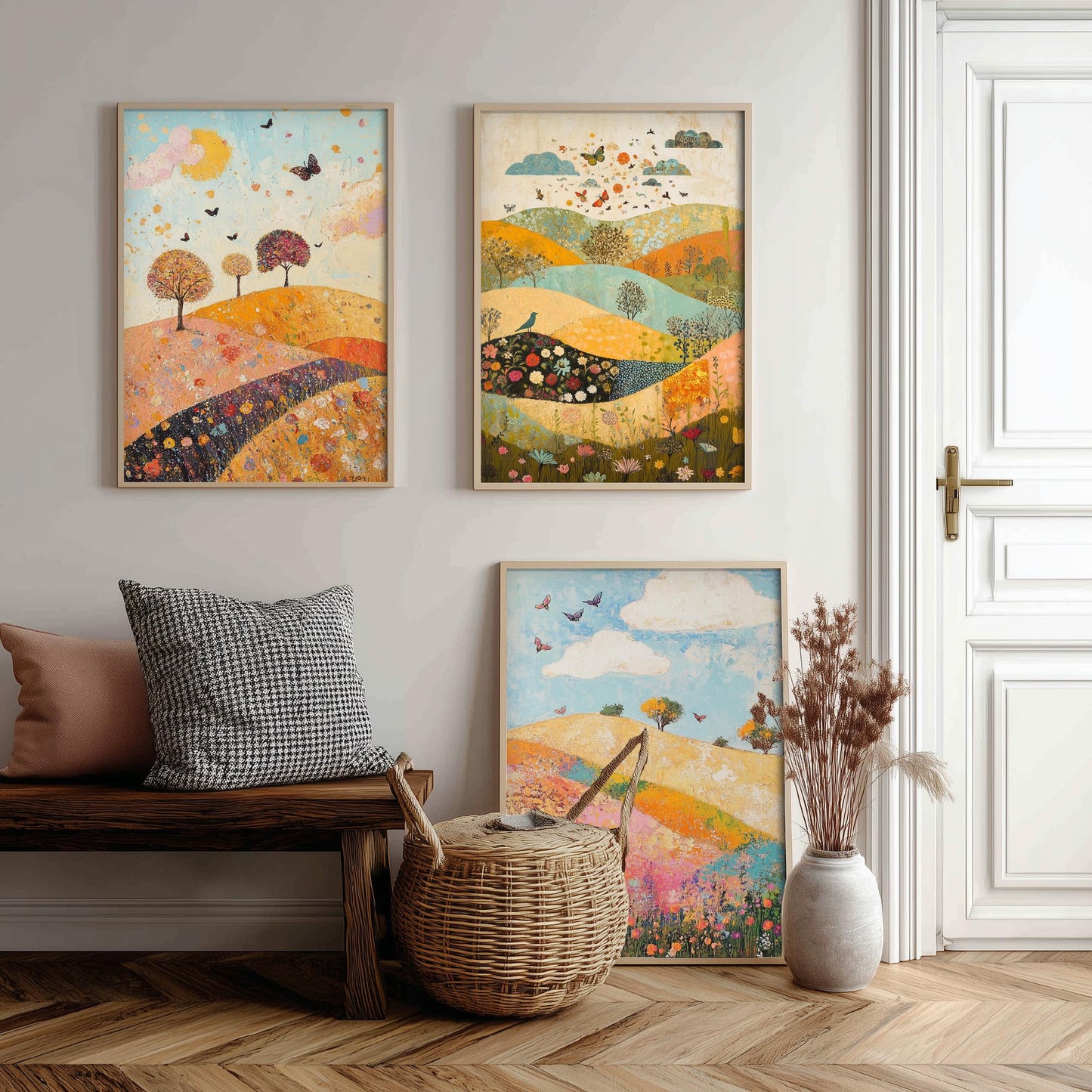 Rolling Hills Butterfly Set of Three Art Prints - Sorrel Orchid and Linen - Folk Meadow Poster Illustration Gift