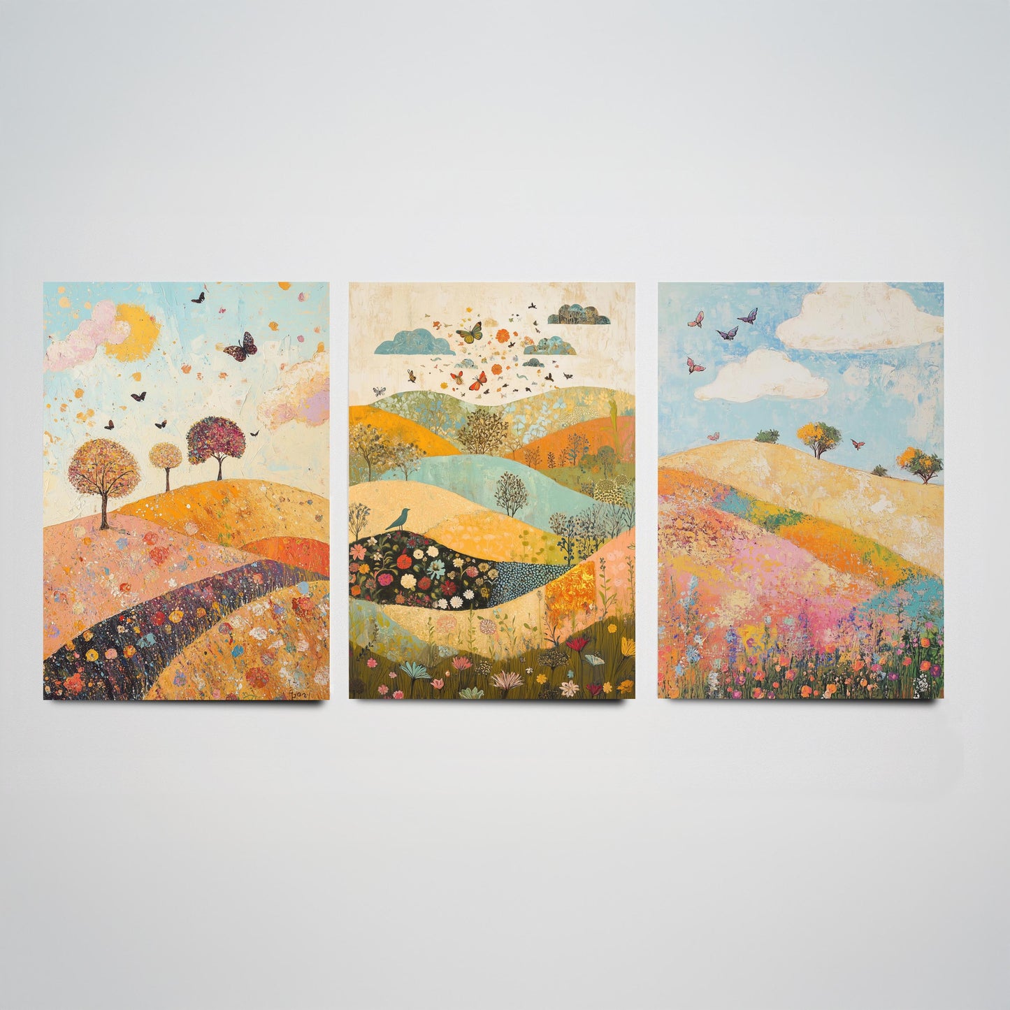 Rolling Hills Butterfly Set of Three Art Prints - Sorrel Orchid and Linen - Folk Meadow Poster Illustration Gift
