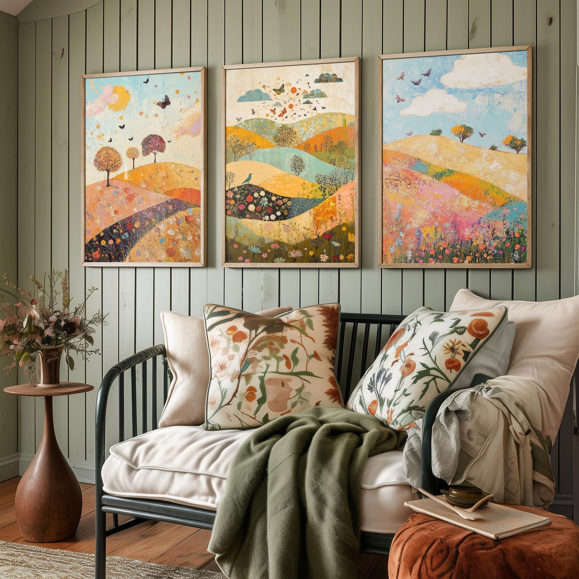 Rolling Hills Butterfly Set of Three Art Prints - Sorrel Orchid and Linen - Folk Meadow Poster Illustration Gift