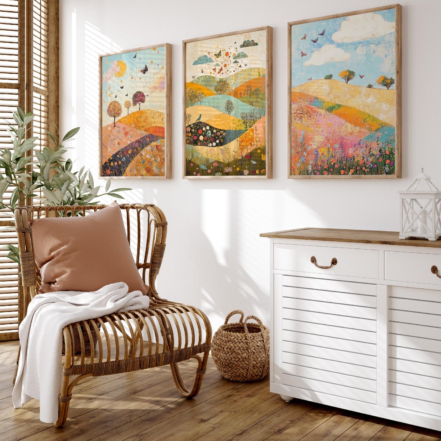 Rolling Hills Butterfly Set of Three Art Prints - Sorrel Orchid and Linen - Folk Meadow Poster Illustration Gift