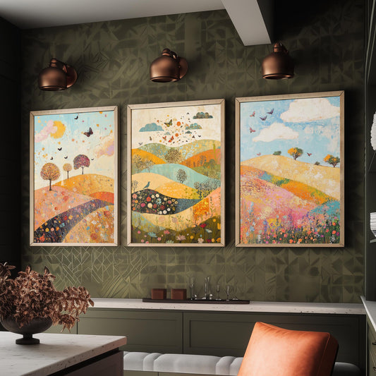 Rolling Hills Butterfly Set of Three Art Prints - Sorrel Orchid and Linen - Folk Meadow Poster Illustration Gift