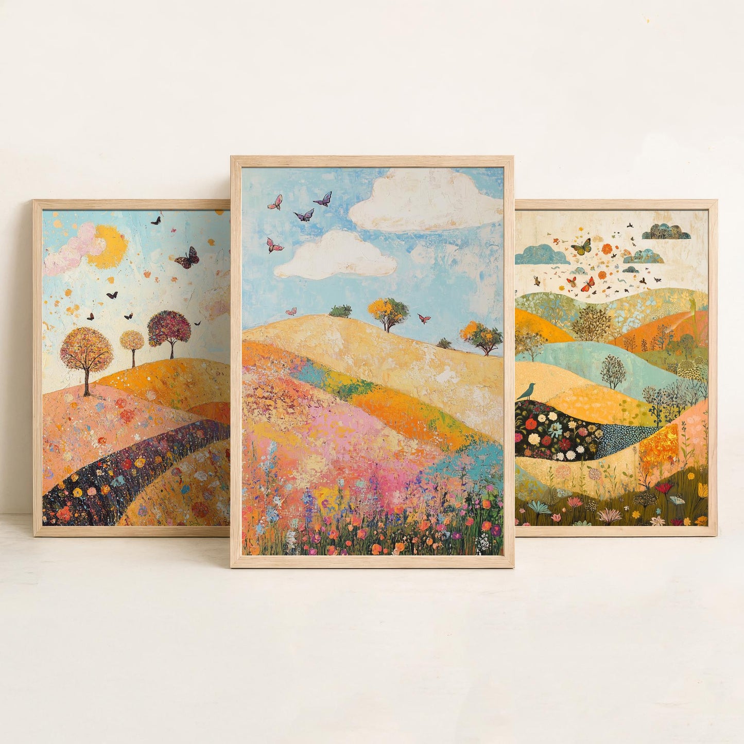 Rolling Hills Butterfly Set of Three Art Prints - Sorrel Orchid and Linen - Folk Meadow Poster Illustration Gift