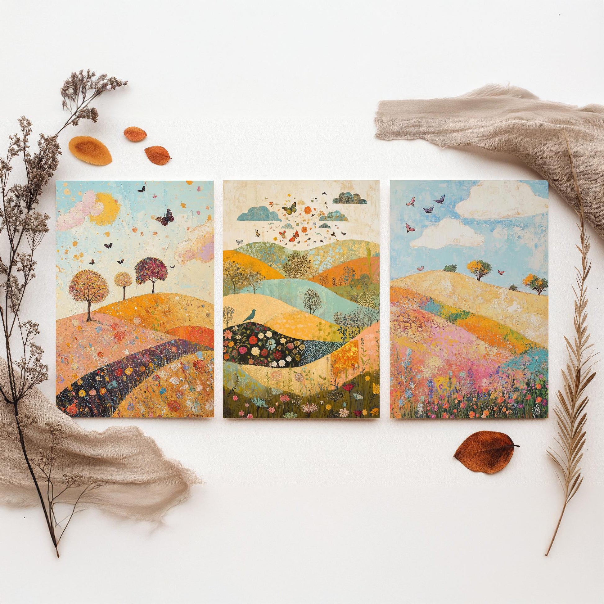 Rolling Hills Butterfly Set of Three Art Prints - Sorrel Orchid and Linen - Folk Meadow Poster Illustration Gift