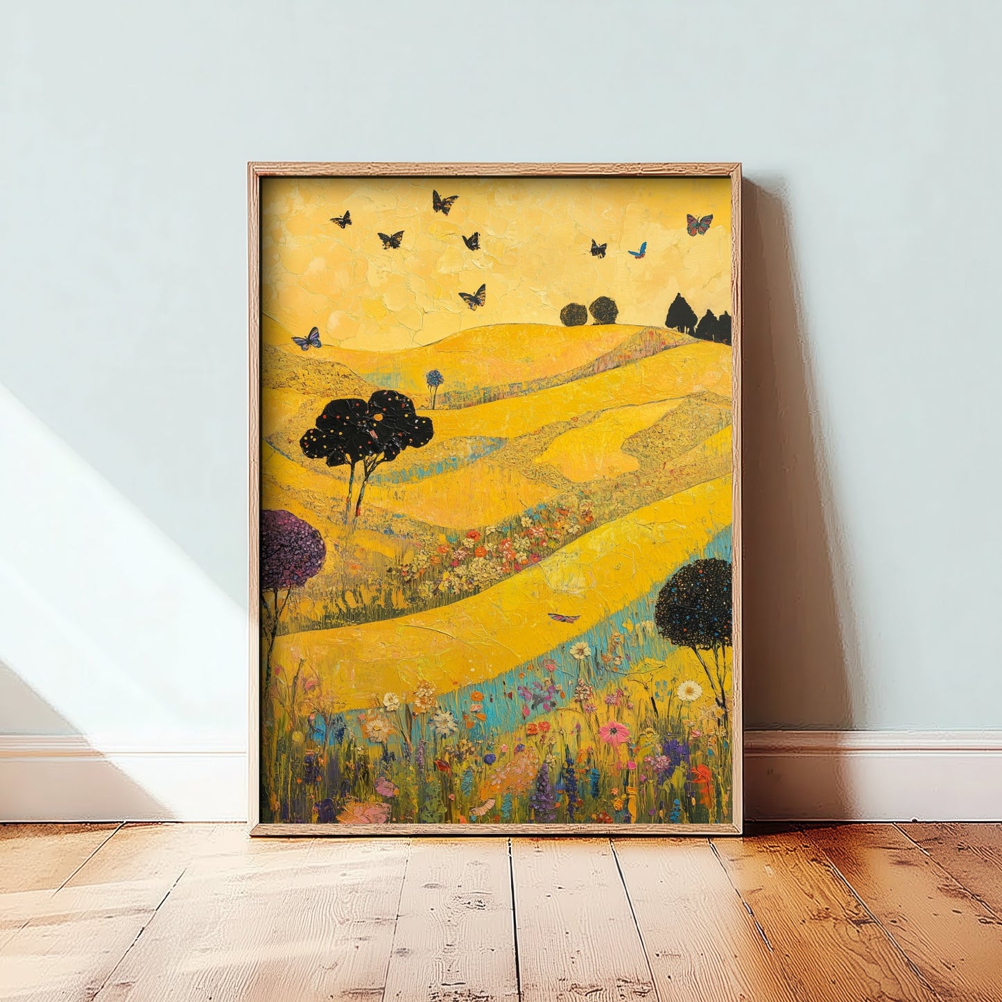 Rolling Hills Landscape Art Print - Butterfly Meadow Poster - Folk Art Painting - Sunshine Yellow 1/3