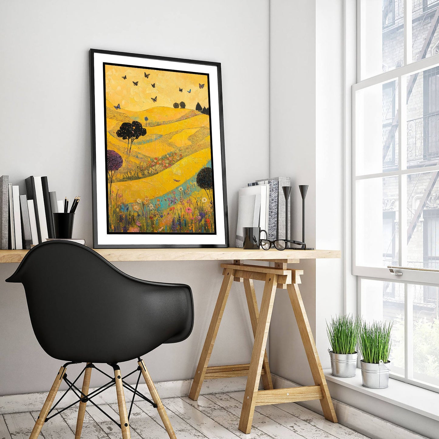 Rolling Hills Landscape Art Print - Butterfly Meadow Poster - Folk Art Painting - Sunshine Yellow 1/3