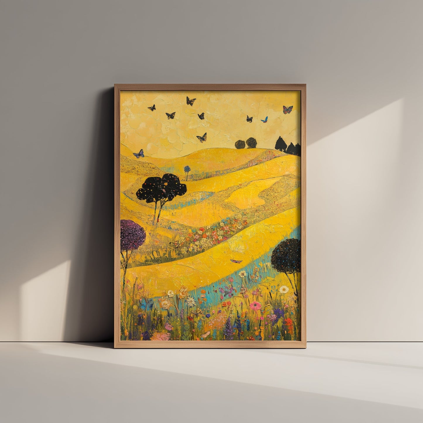 Rolling Hills Landscape Art Print - Butterfly Meadow Poster - Folk Art Painting - Sunshine Yellow 1/3