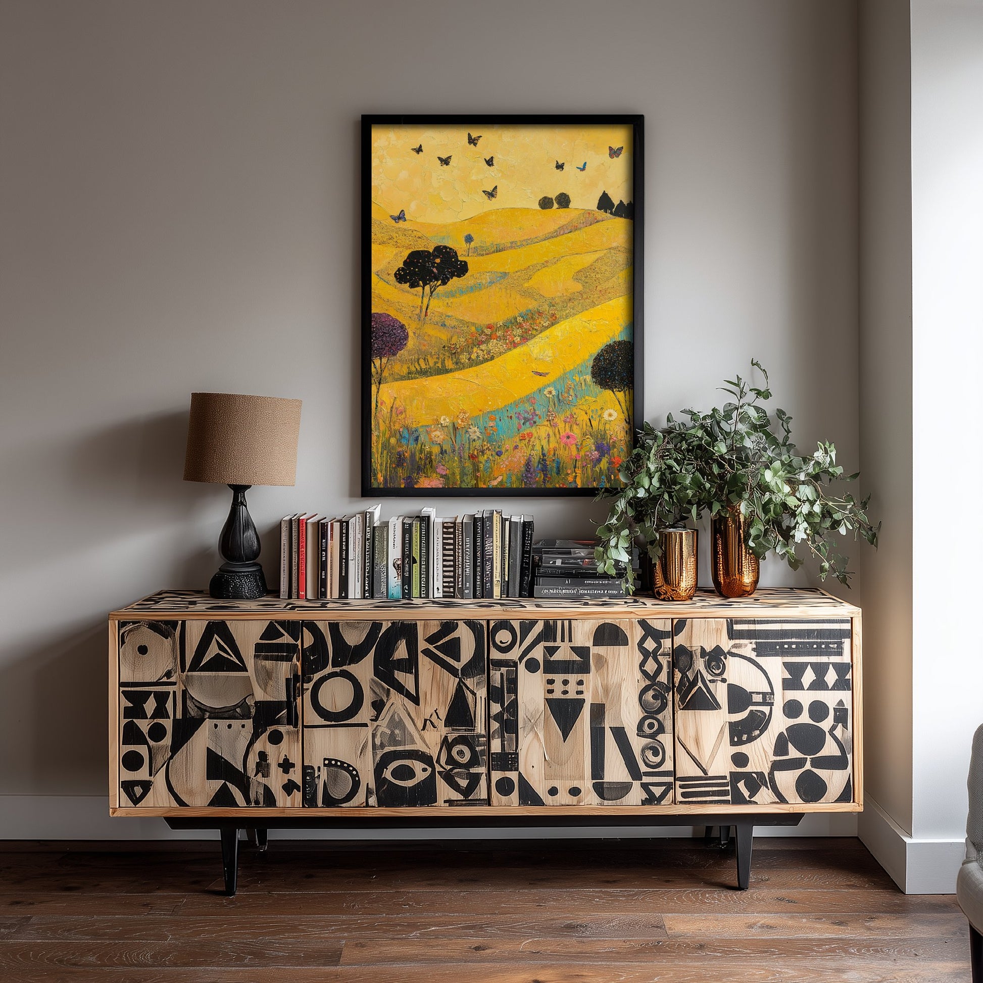 Rolling Hills Landscape Art Print - Butterfly Meadow Poster - Folk Art Painting - Sunshine Yellow 1/3