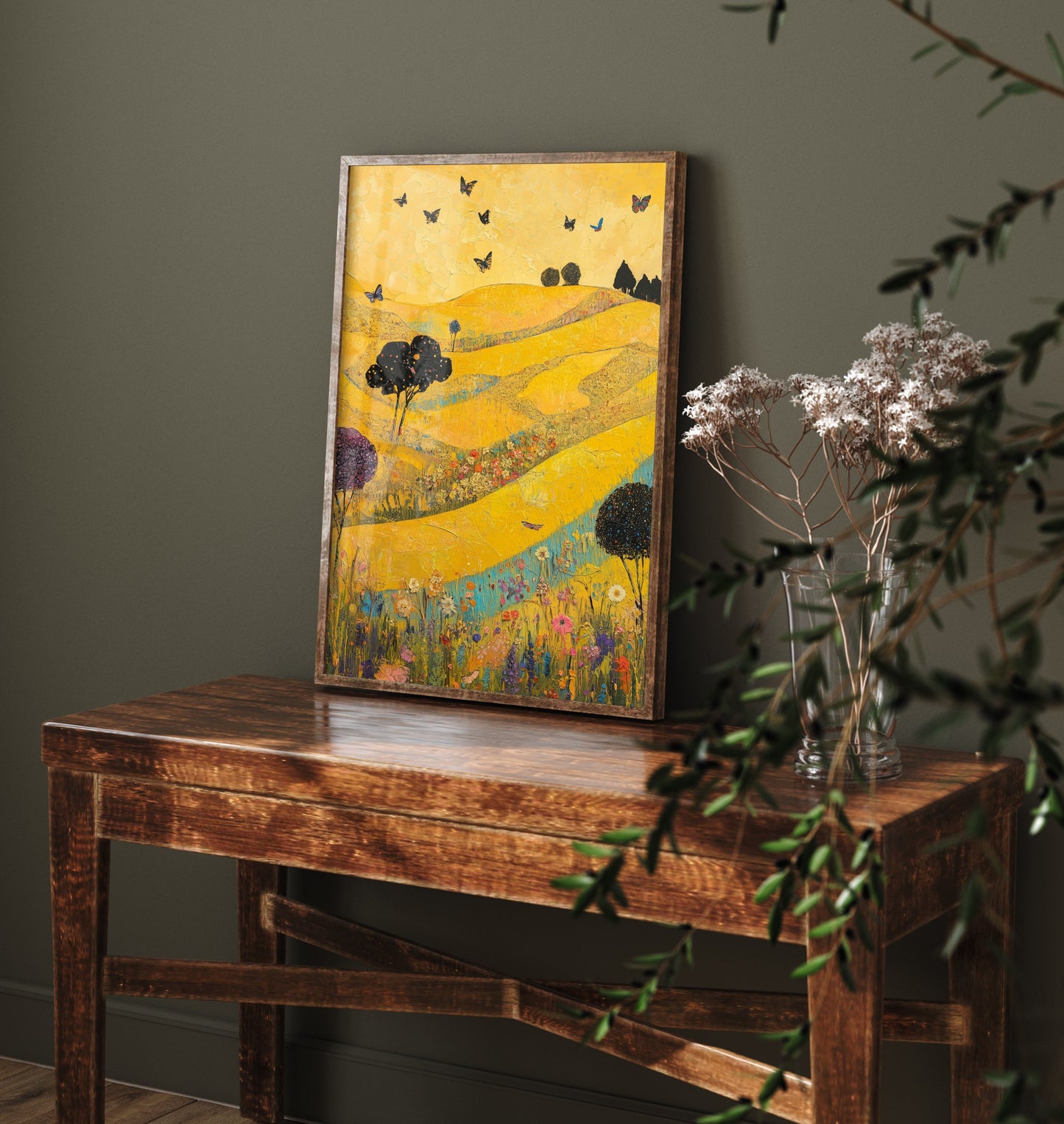 Rolling Hills Landscape Art Print - Butterfly Meadow Poster - Folk Art Painting - Sunshine Yellow 1/3