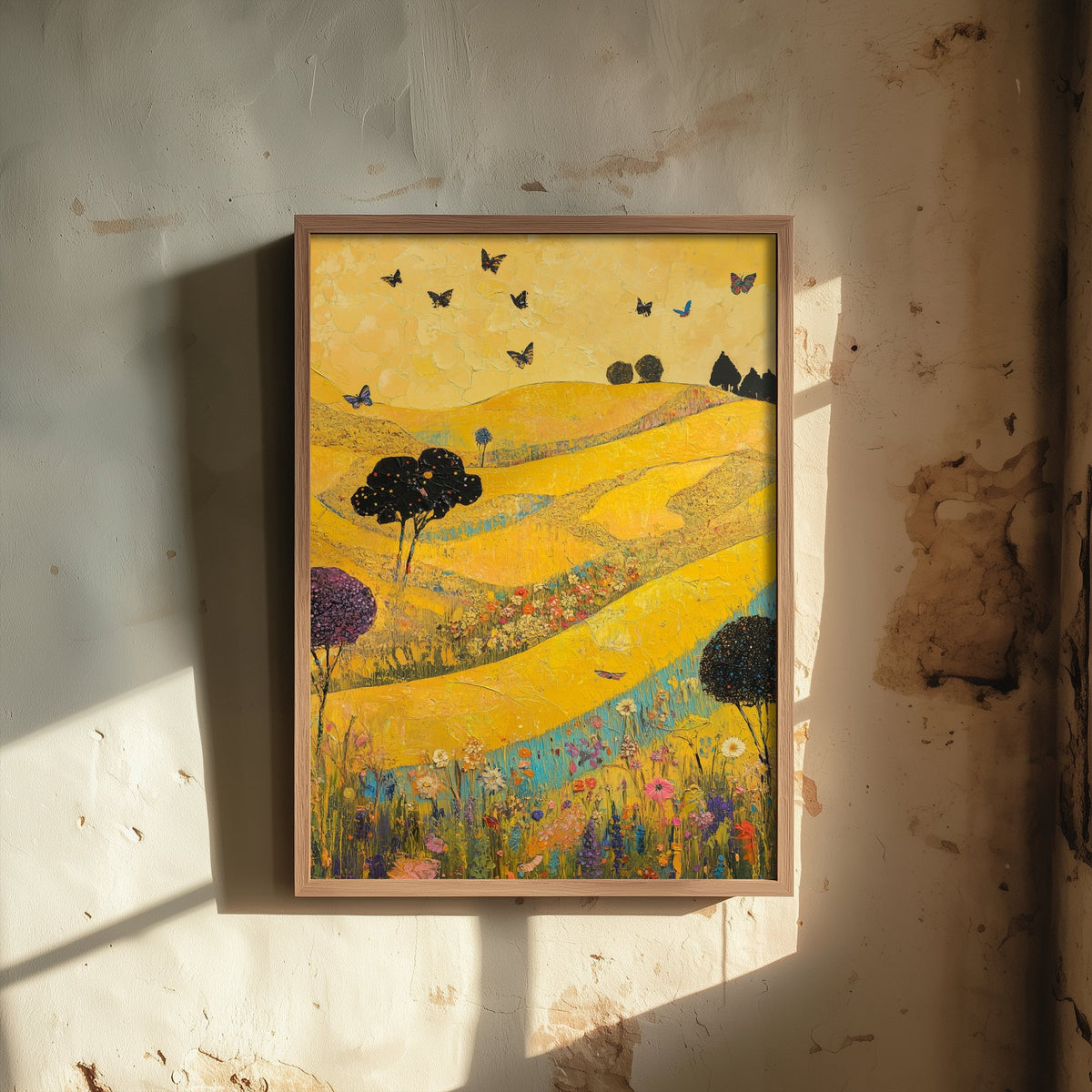 Rolling Hills Landscape Art Print - Butterfly Meadow Poster - Folk Art Painting - Sunshine Yellow 1/3