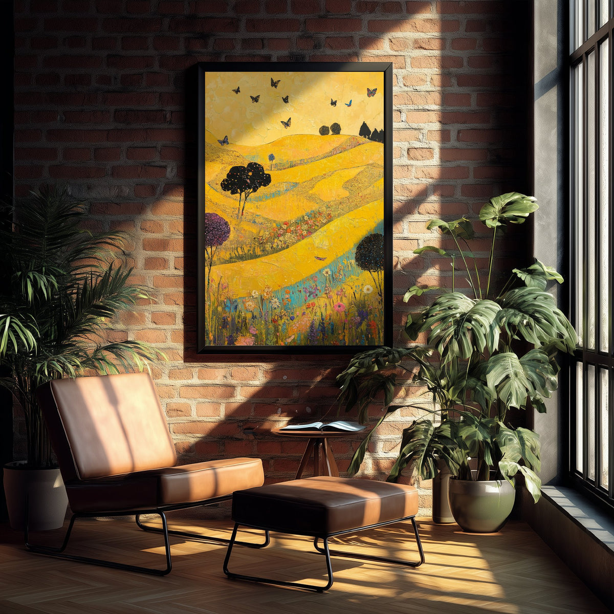 Rolling Hills Landscape Art Print - Butterfly Meadow Poster - Folk Art Painting - Sunshine Yellow 1/3