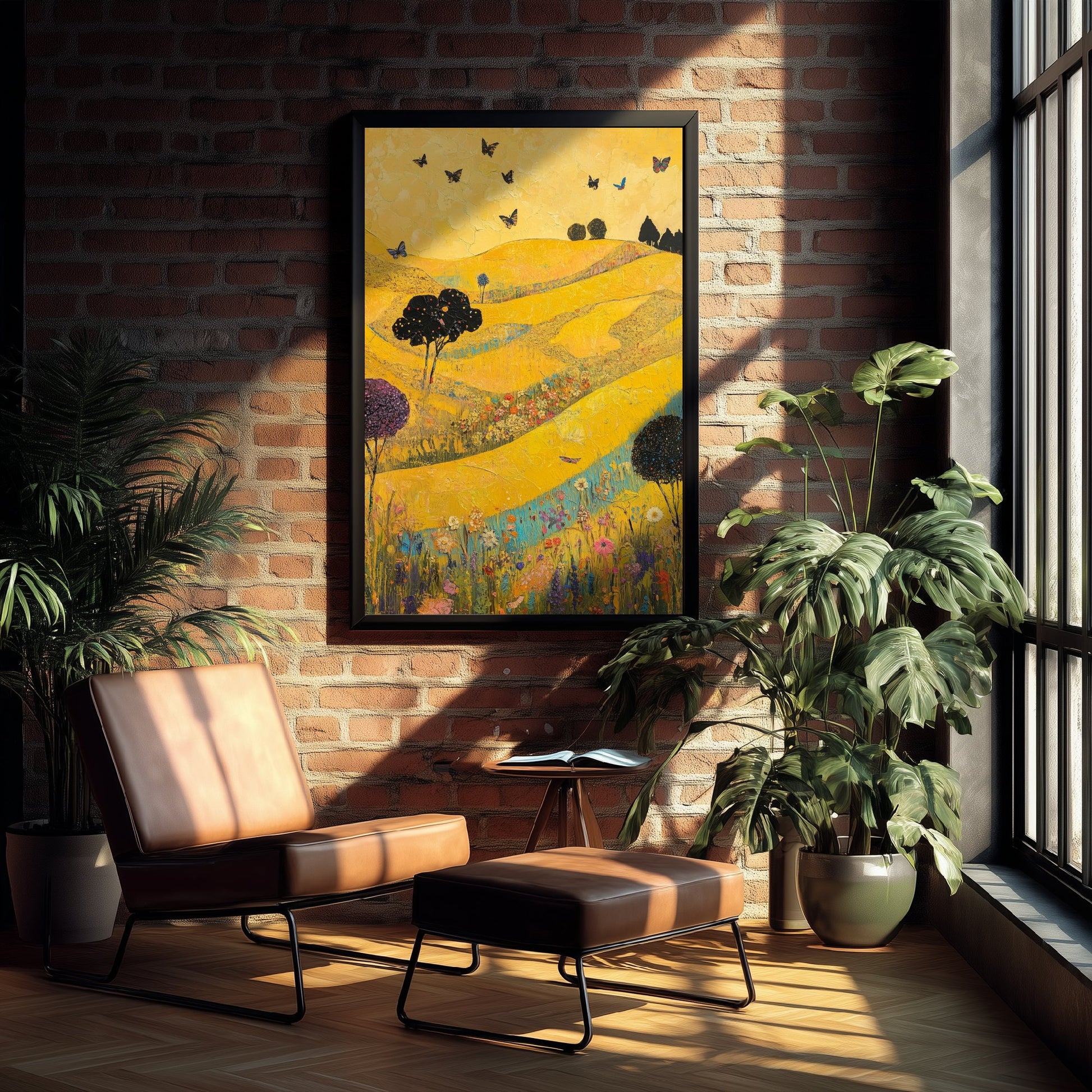 Rolling Hills Landscape Art Print - Butterfly Meadow Poster - Folk Art Painting - Sunshine Yellow 1/3
