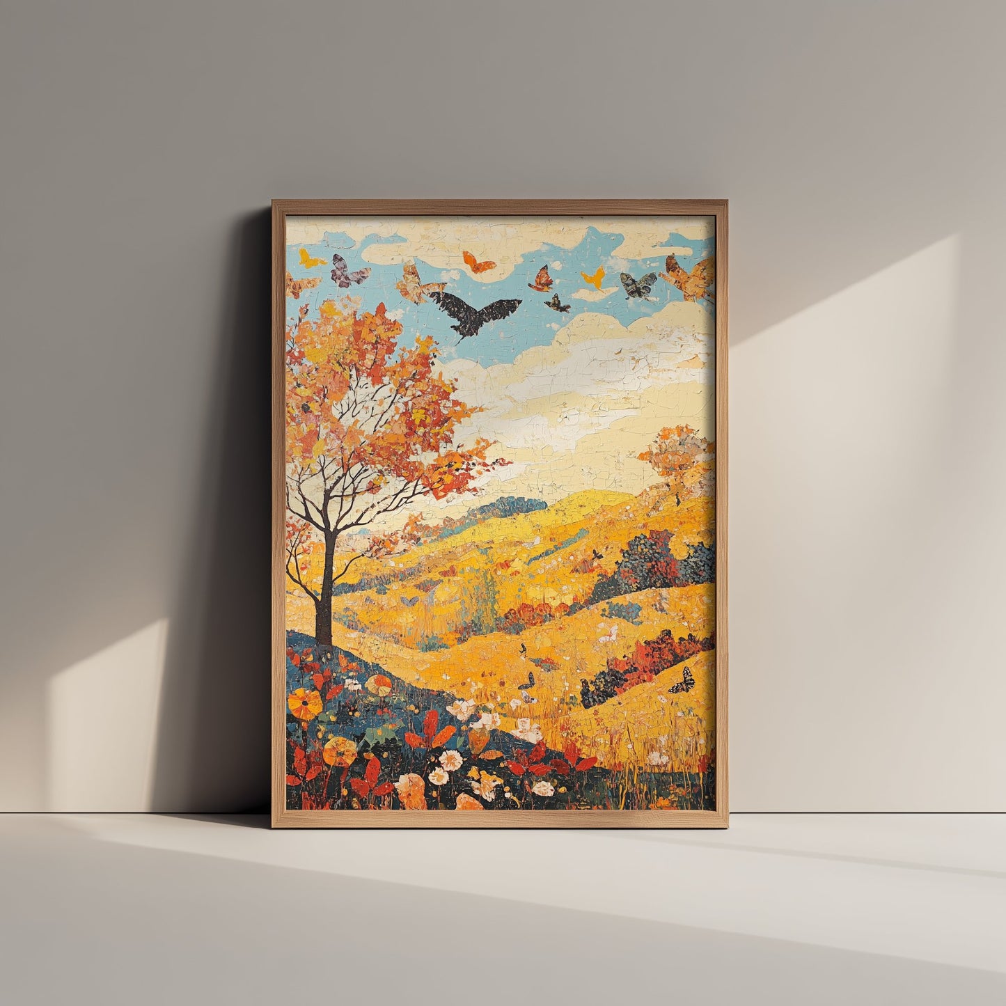 Rolling Hills Landscape Art Print - Butterfly Meadow Poster - Folk Art Painting - Sunshine Yellow 2/3