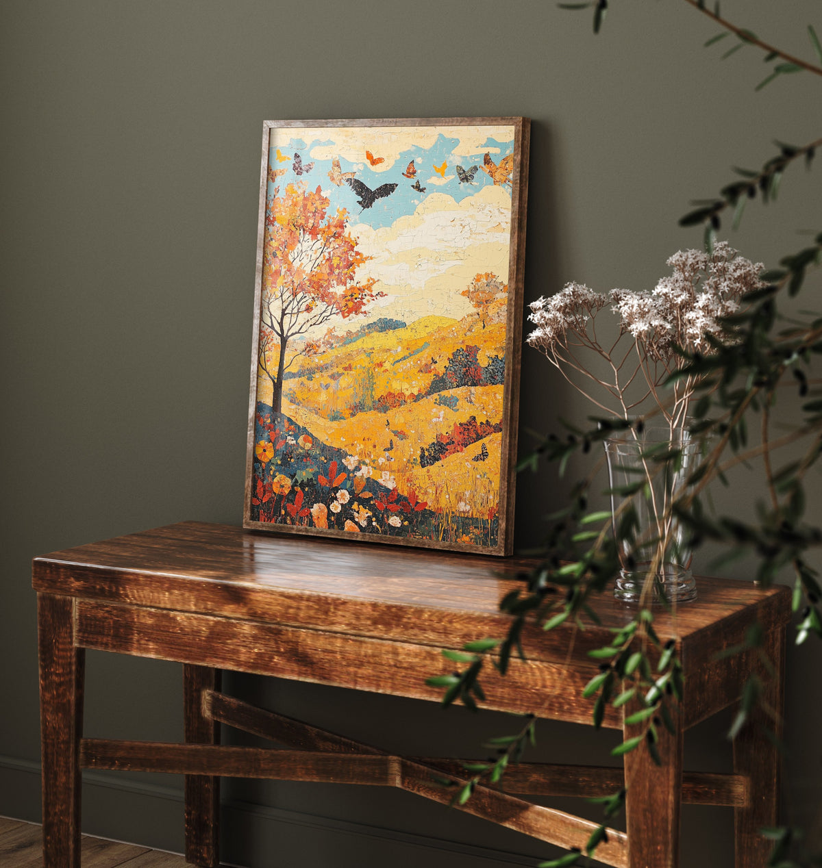 Rolling Hills Landscape Art Print - Butterfly Meadow Poster - Folk Art Painting - Sunshine Yellow 2/3