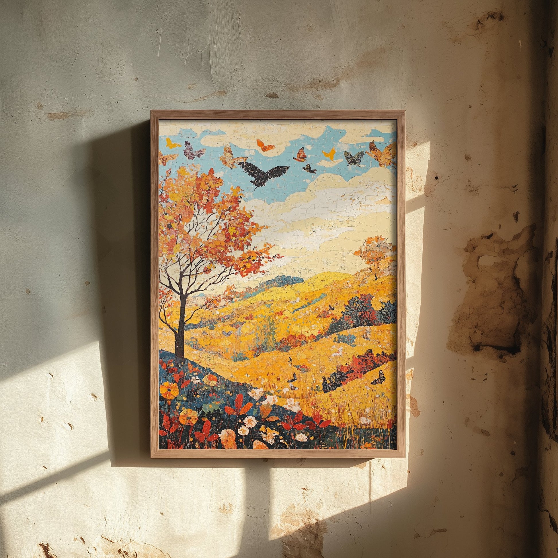 Rolling Hills Landscape Art Print - Butterfly Meadow Poster - Folk Art Painting - Sunshine Yellow 2/3