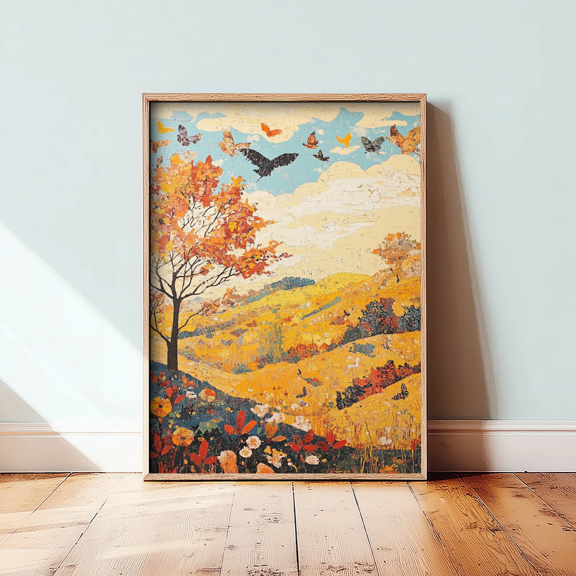 Rolling Hills Landscape Art Print - Butterfly Meadow Poster - Folk Art Painting - Sunshine Yellow 2/3