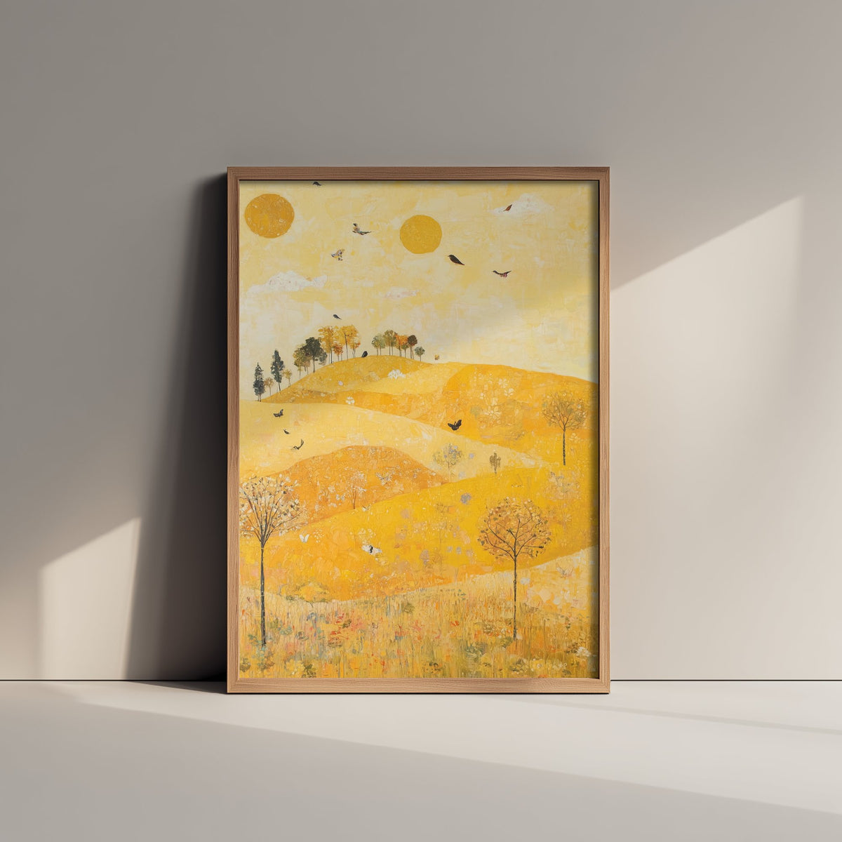 Rolling Hills Landscape Art Print - Butterfly Meadow Poster - Folk Art Painting - Sunshine Yellow 3/3