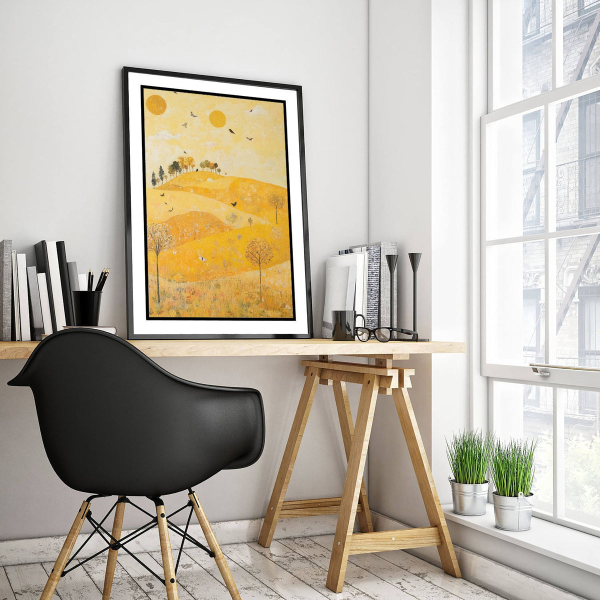 Rolling Hills Landscape Art Print - Butterfly Meadow Poster - Folk Art Painting - Sunshine Yellow 3/3