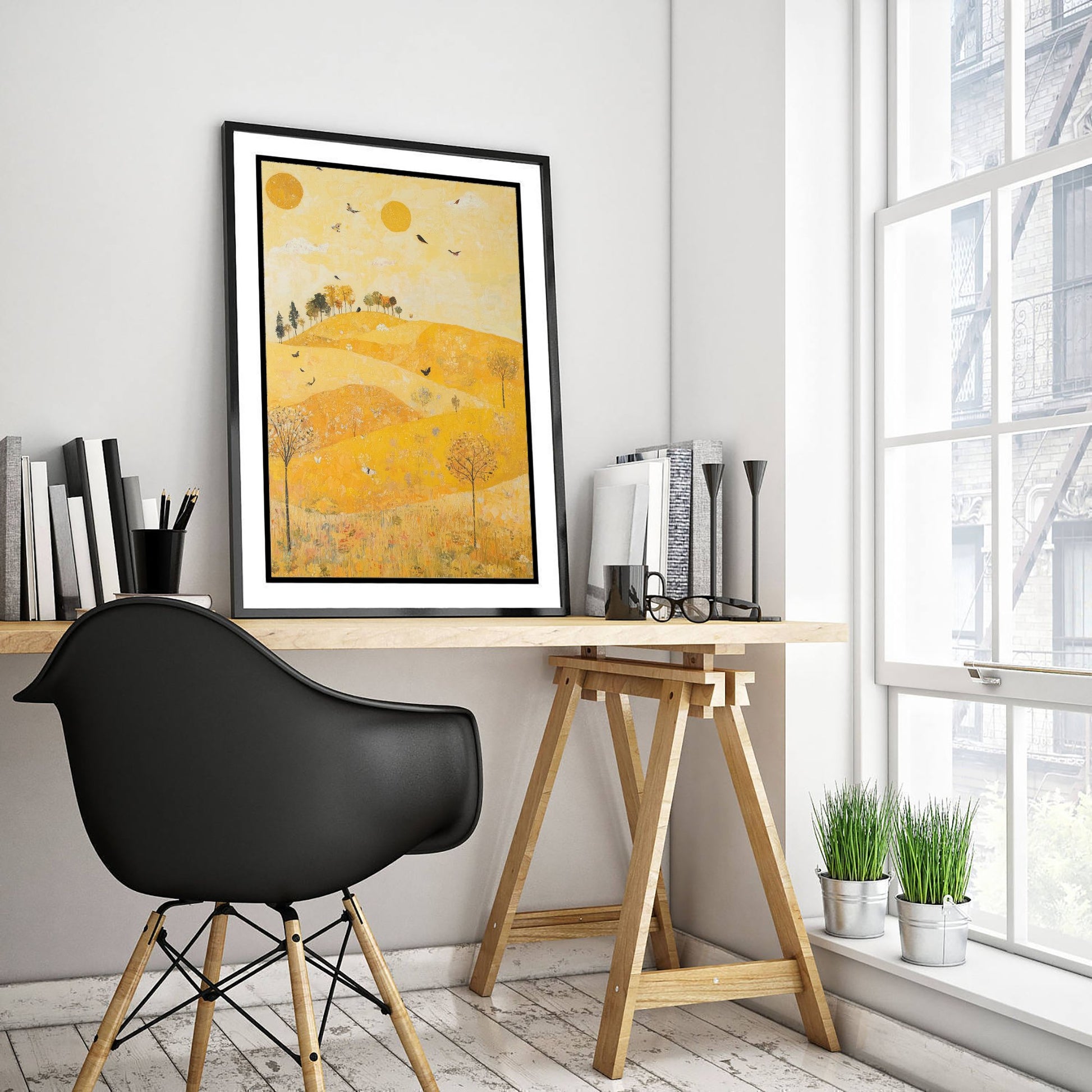 Rolling Hills Landscape Art Print - Butterfly Meadow Poster - Folk Art Painting - Sunshine Yellow 3/3