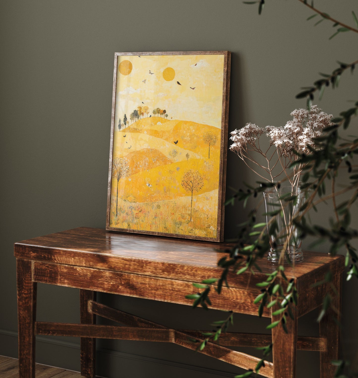 Rolling Hills Landscape Art Print - Butterfly Meadow Poster - Folk Art Painting - Sunshine Yellow 3/3
