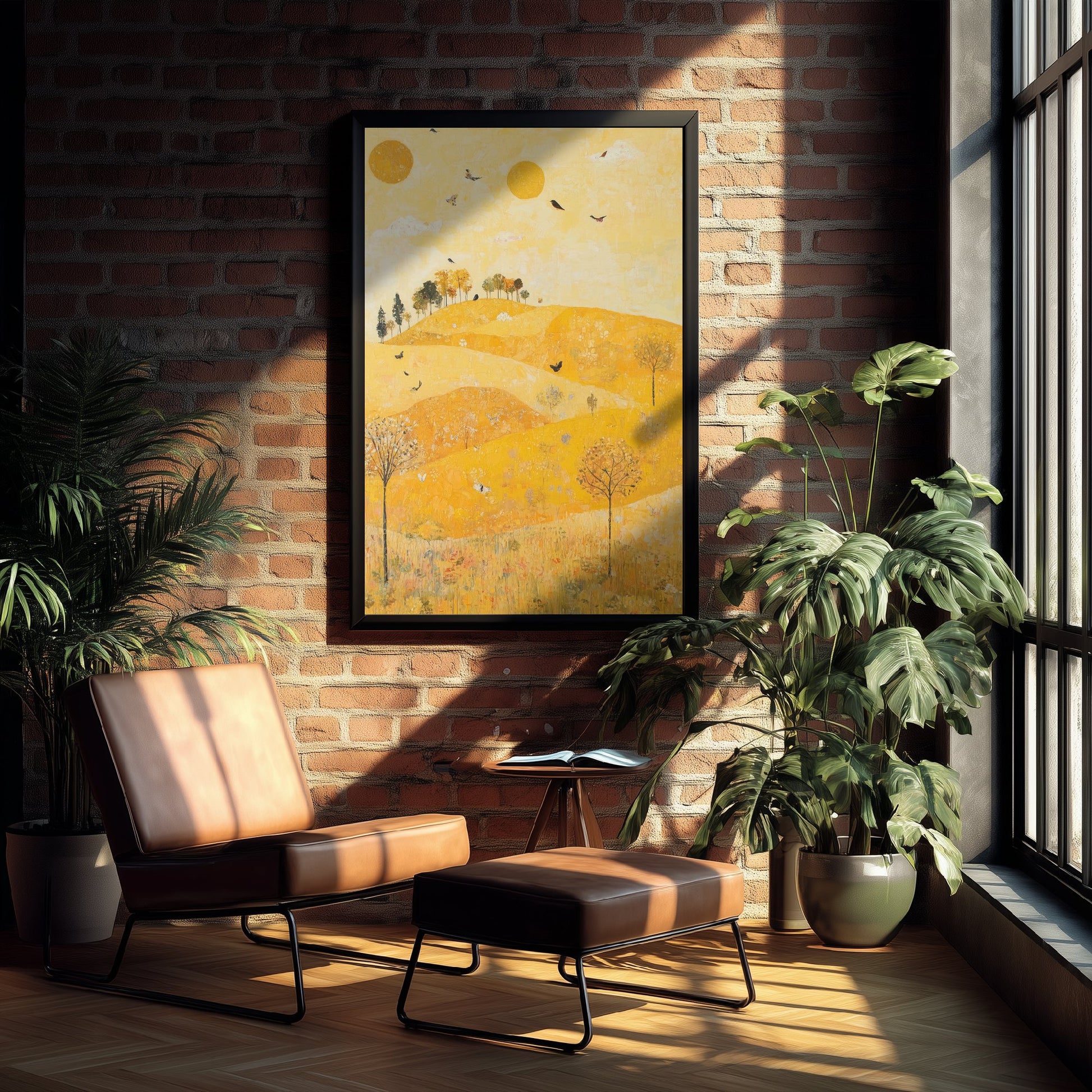 Rolling Hills Landscape Art Print - Butterfly Meadow Poster - Folk Art Painting - Sunshine Yellow 3/3