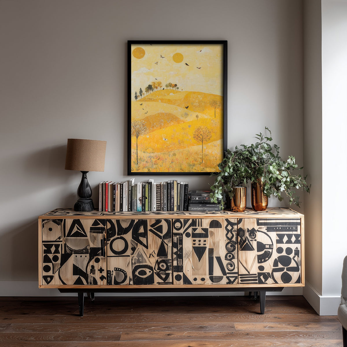 Rolling Hills Landscape Art Print - Butterfly Meadow Poster - Folk Art Painting - Sunshine Yellow 3/3
