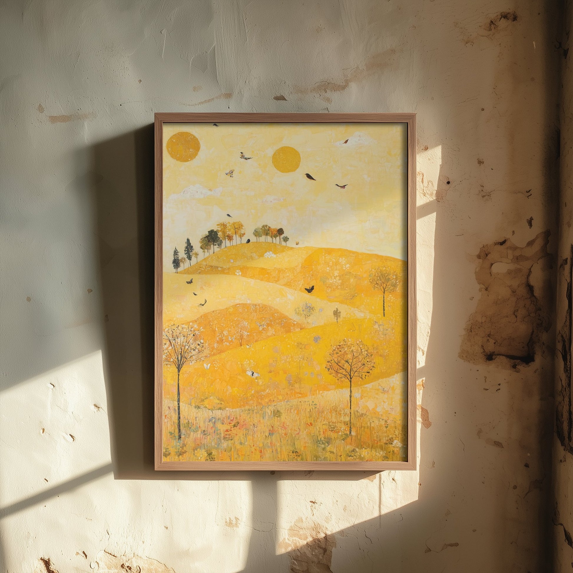 Rolling Hills Landscape Art Print - Butterfly Meadow Poster - Folk Art Painting - Sunshine Yellow 3/3