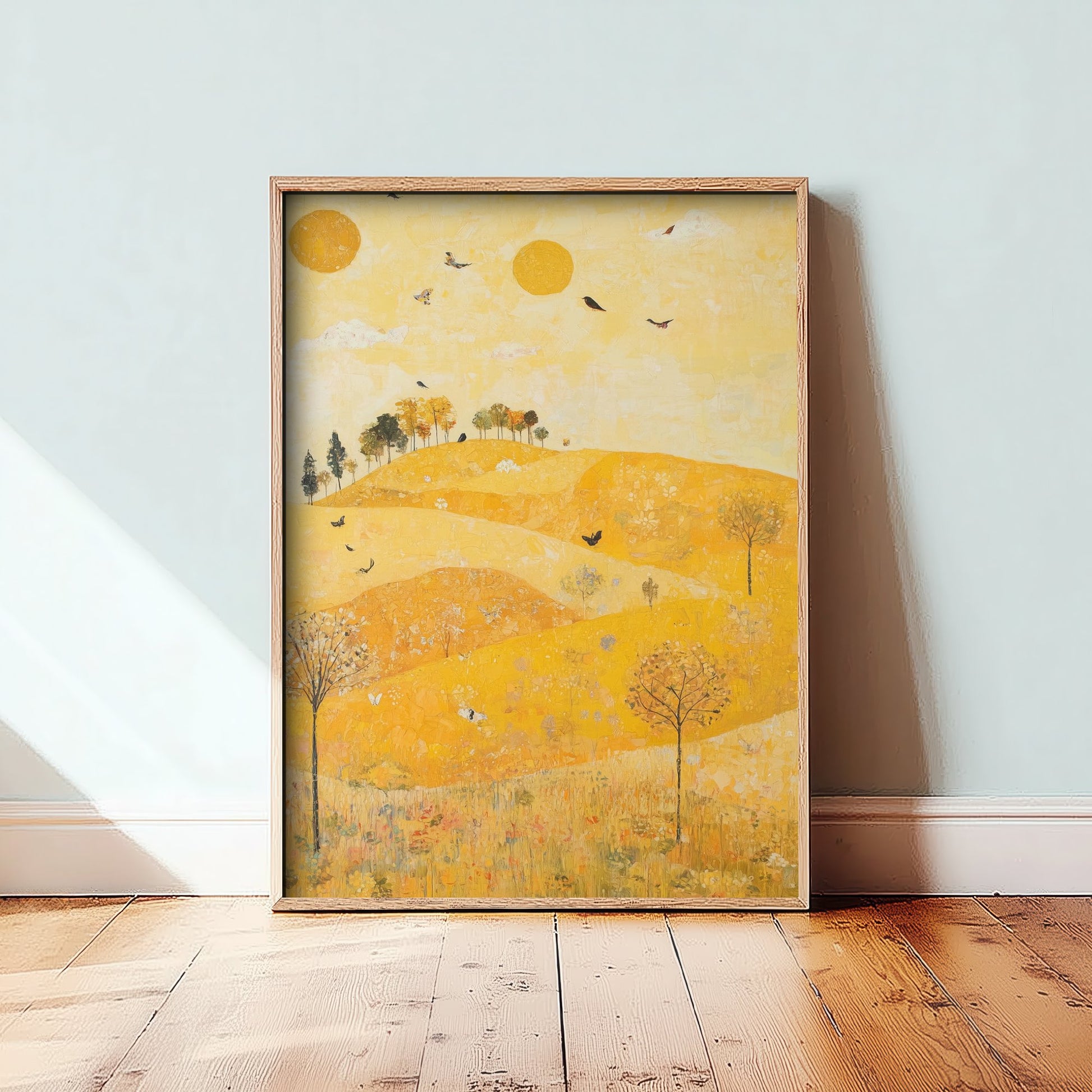 Rolling Hills Landscape Art Print - Butterfly Meadow Poster - Folk Art Painting - Sunshine Yellow 3/3
