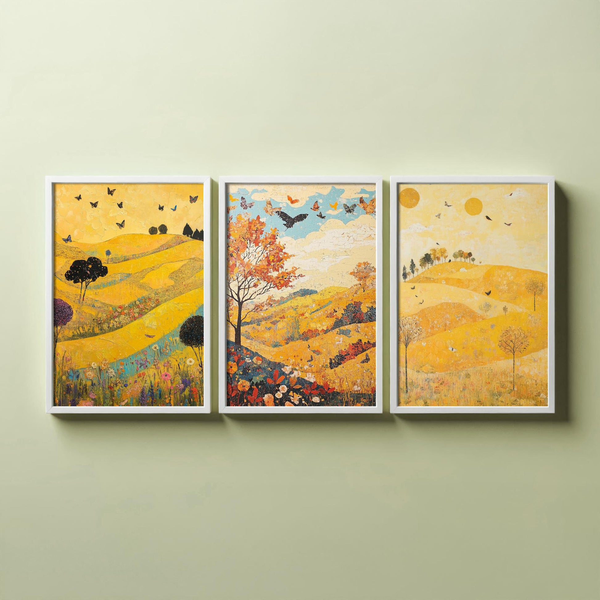 Rolling Hills Butterfly Set of Three Art Prints - Sunshine Yellow - Folk Meadow Poster Illustration Gift