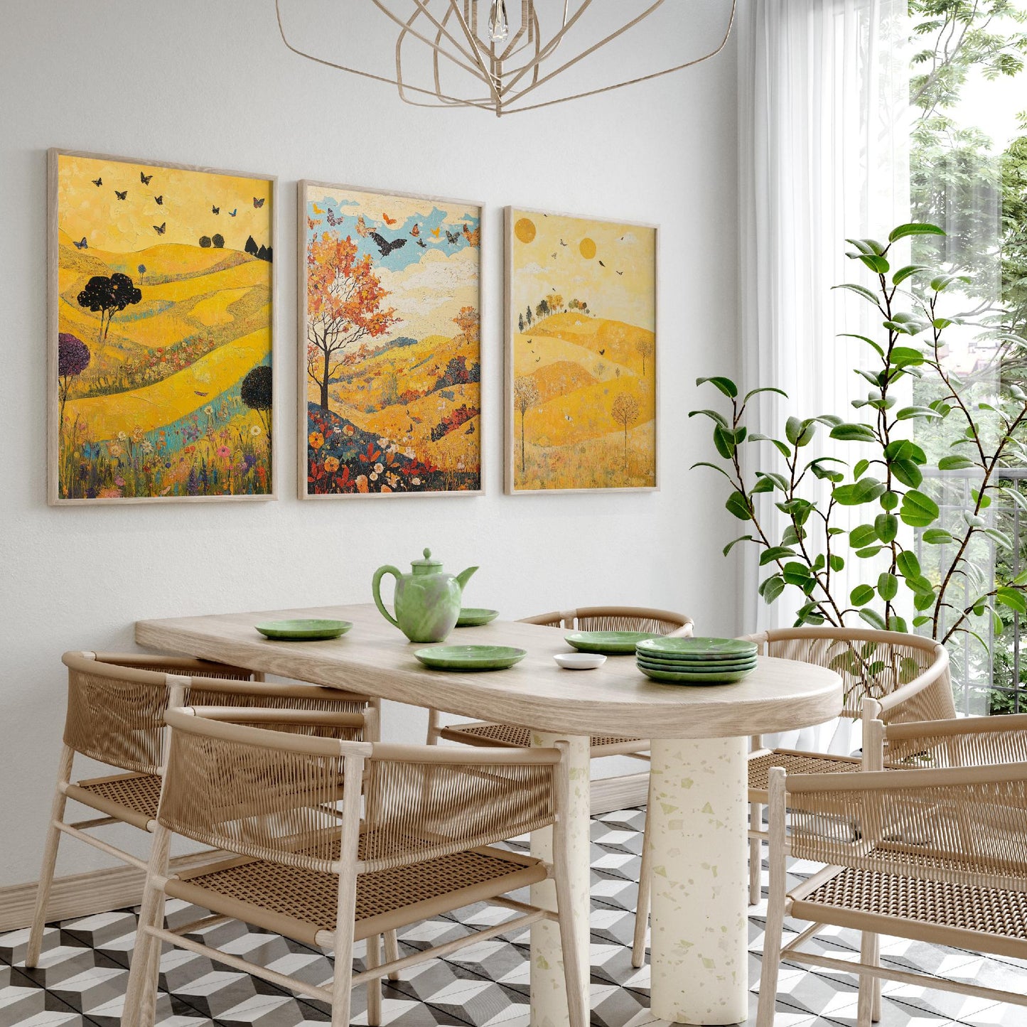 Rolling Hills Butterfly Set of Three Art Prints - Sunshine Yellow - Folk Meadow Poster Illustration Gift