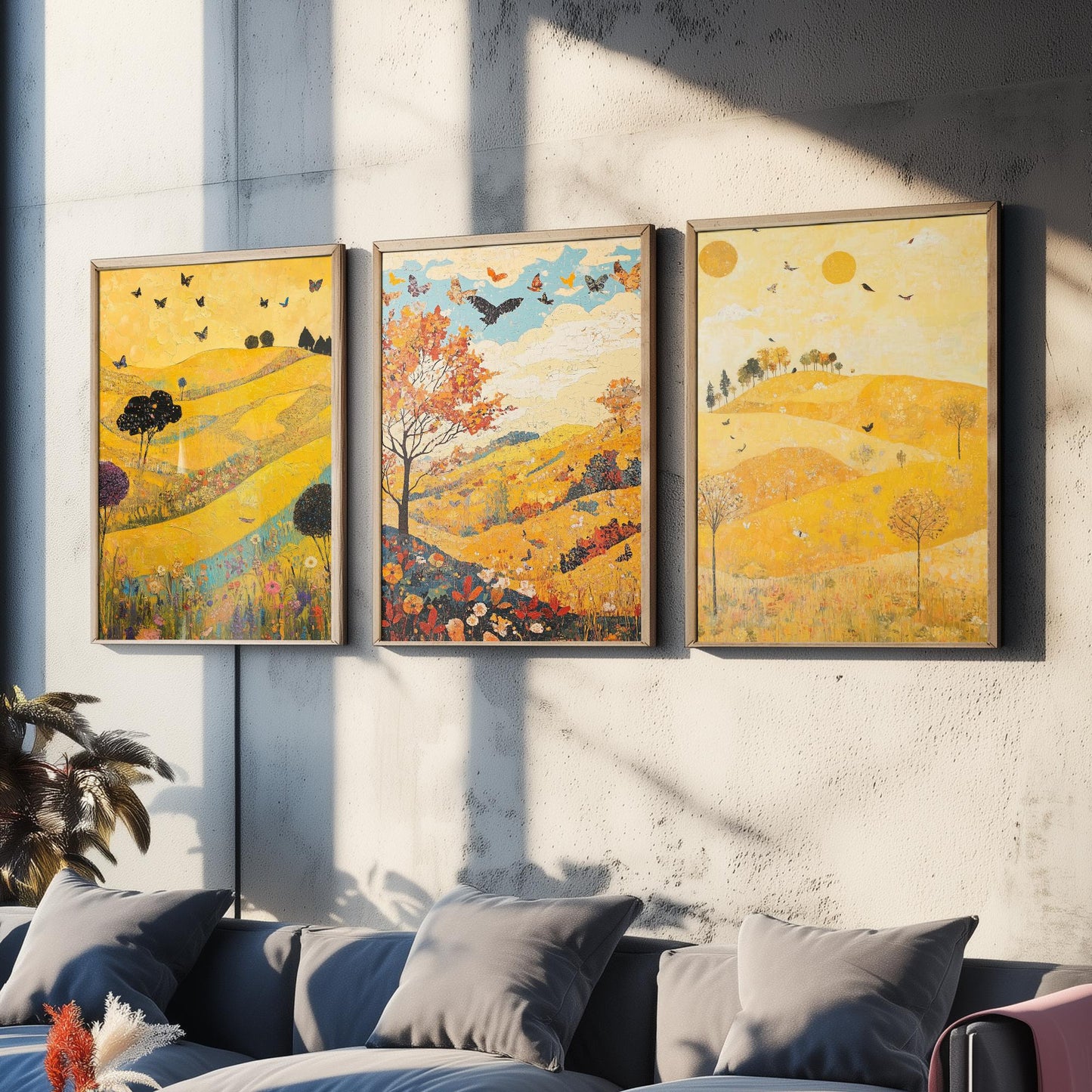 Rolling Hills Butterfly Set of Three Art Prints - Sunshine Yellow - Folk Meadow Poster Illustration Gift